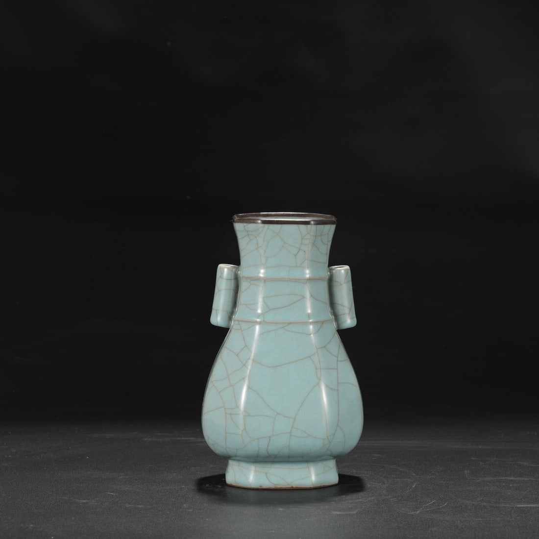 An Exquisite Guan yao Celadon Glazed Cover with Silver Double-Ears Vase,With an Imperial Poem by: An Exquisite Guan yao Celadon Glazed Cover with Silver Double-Ears Vase,With an Imperial Poem by Emperor Qianlong,Song Dynasty,