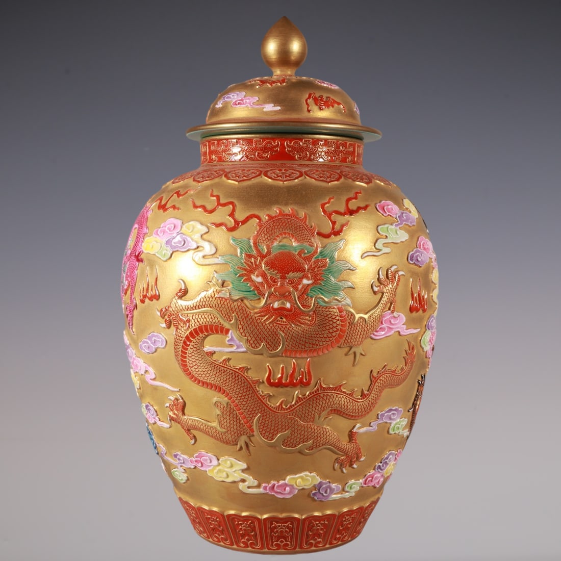 A Rare Enamel Gold Ground Auspicious Cloud and Dragon Pattern Jar with Cover: A Rare Enamel Gold Ground Auspicious Cloud and Dragon Pattern Jar with Cover,Qing Dynasty, China,Qianlong Six-character