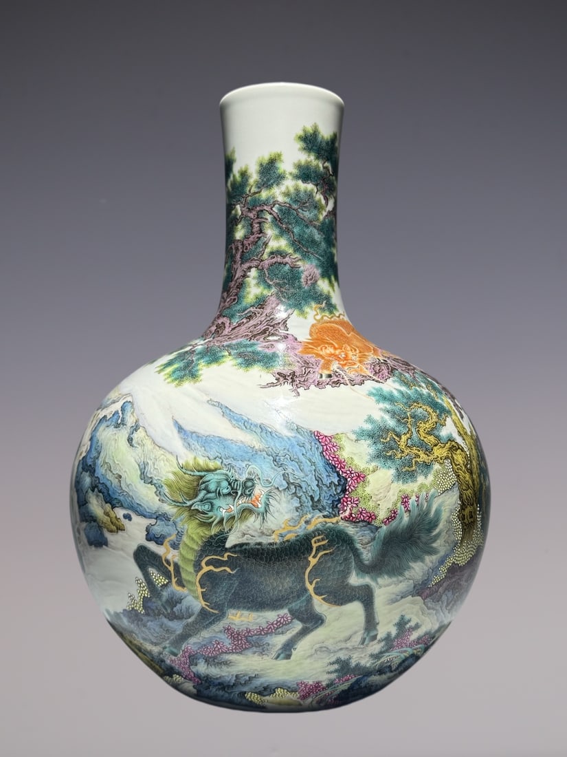A Rare Enamel Auspicious Beast Pattern Vase,With Poem: A Rare Enamel Auspicious Beast Pattern Vase,With Poem,Qing Dynasty, China,Yongzheng Six-character