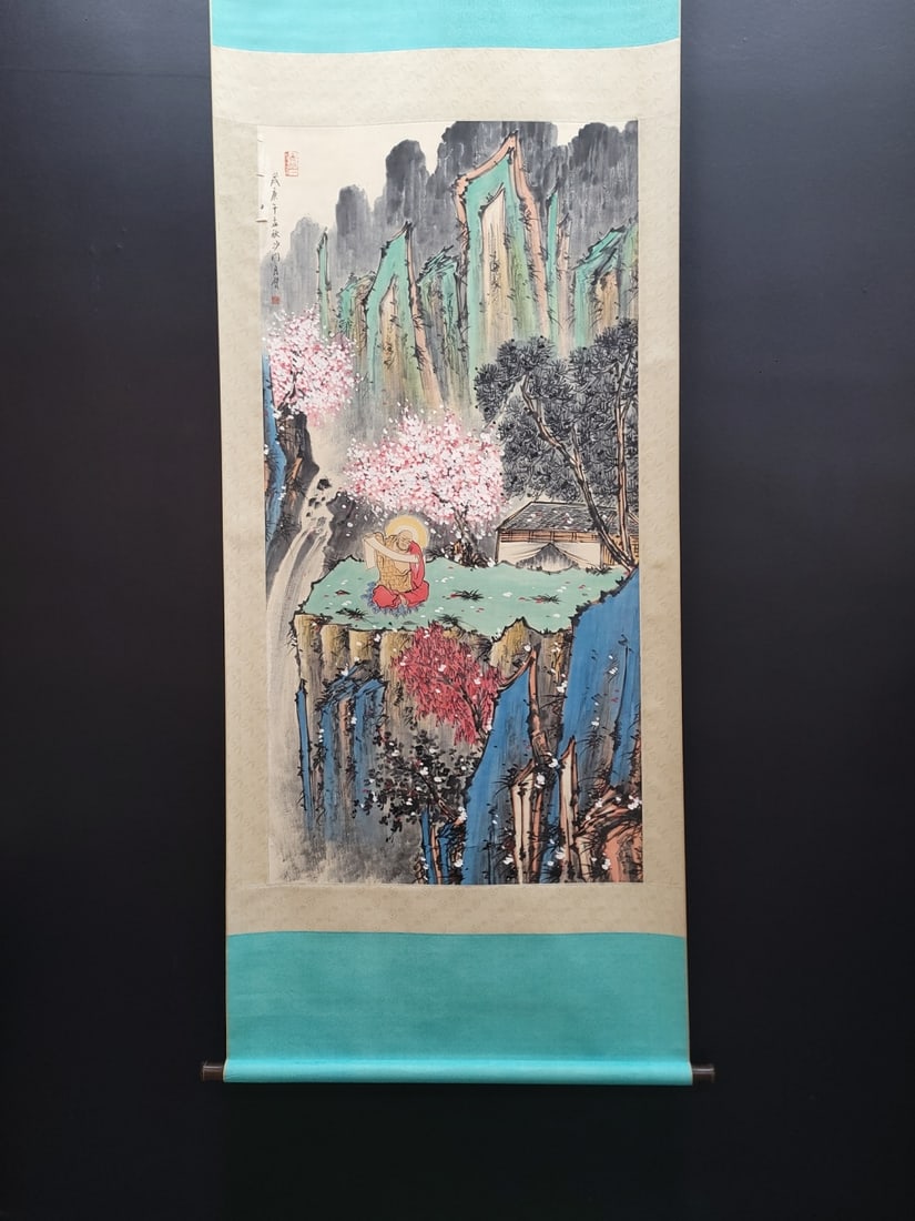 A Chinese Vertical Scroll Ink Painting of Landscape and Figure on Paper,Hong Yi: A Chinese Vertical Scroll Ink Painting of Landscape and Figure on Paper,Hong Yi,Size:(Without