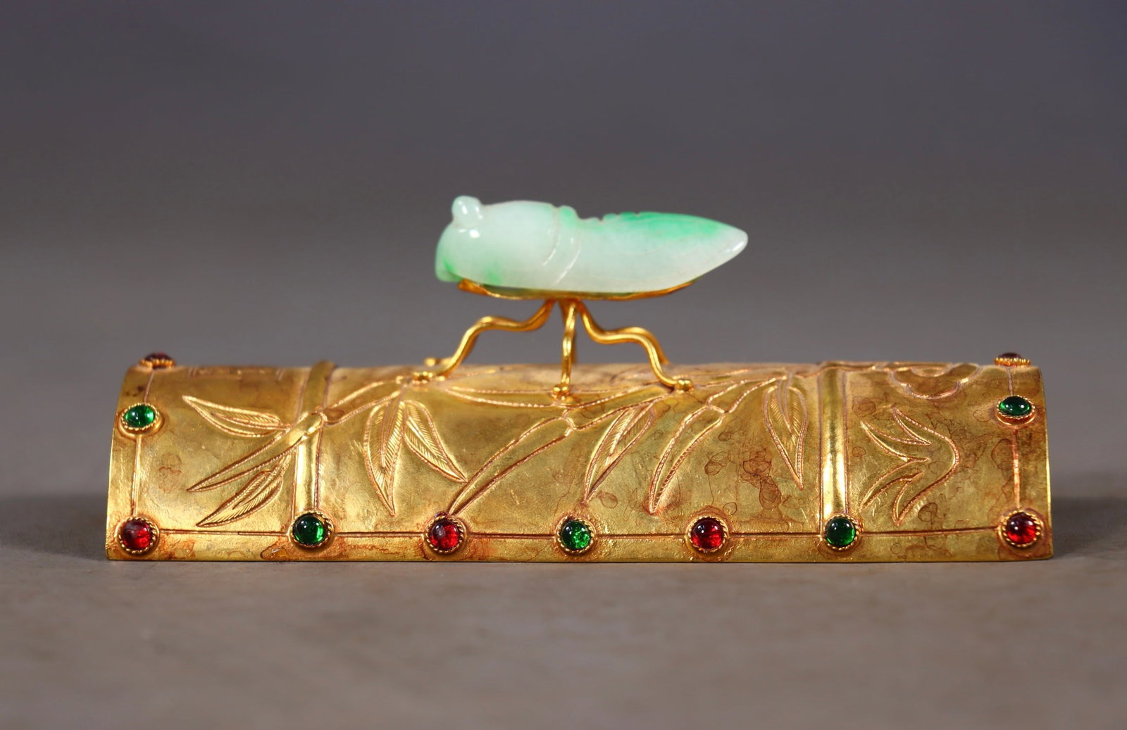 An Exquisite Gilt Bronze Inlaid Jadeite Bamboo Pattern Cicada Ornament: An Exquisite Gilt Bronze Inlaid Jadeite Bamboo Pattern Cicada Ornament,Qing Dynasty,China,Qianlong Four-character