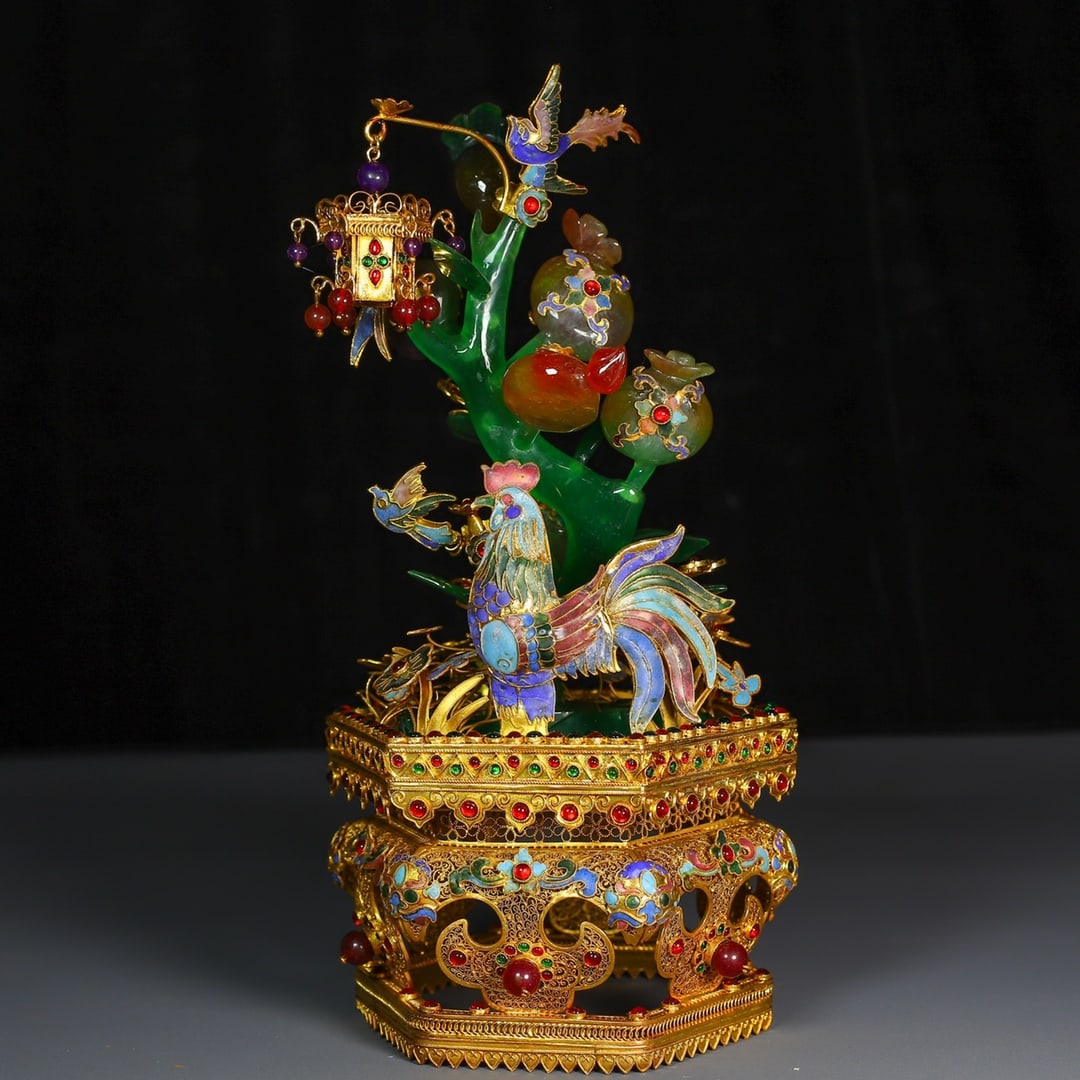An Exquisite Filigree and Gilding Inlaid Jadeite Flower and Bird Pattern Bonsai,Inlaid Gems: An Exquisite Filigree and Gilding Inlaid Jadeite Flower and Bird Pattern Bonsai,Inlaid Gems,Qing