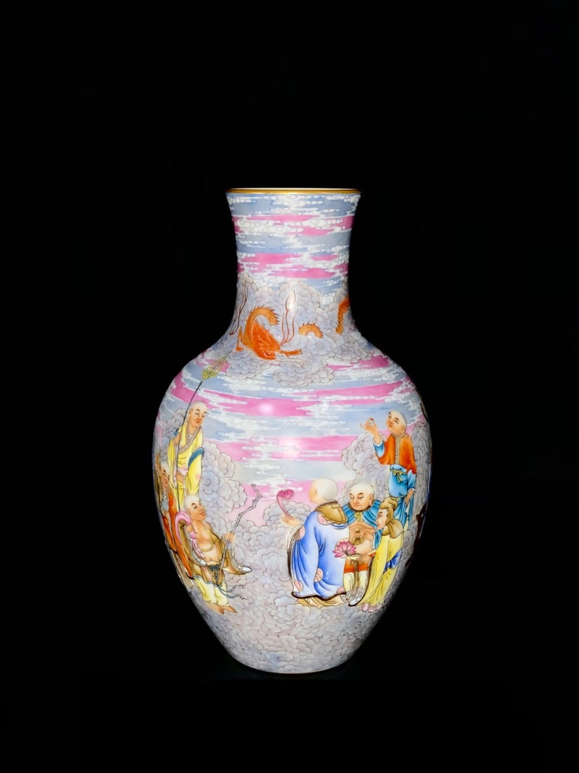 An Exquisite Famille-Rose Painted Gold Auspicious Cloud,Figure and Dragon Pattern Vase: An Exquisite Famille-Rose Painted Gold Auspicious Cloud,Figure and Dragon Pattern Vase,Qing Dynasty,China,Qianlong Six-character Mark,Size:8.1inx4.6inx2.2in粉彩描金祥