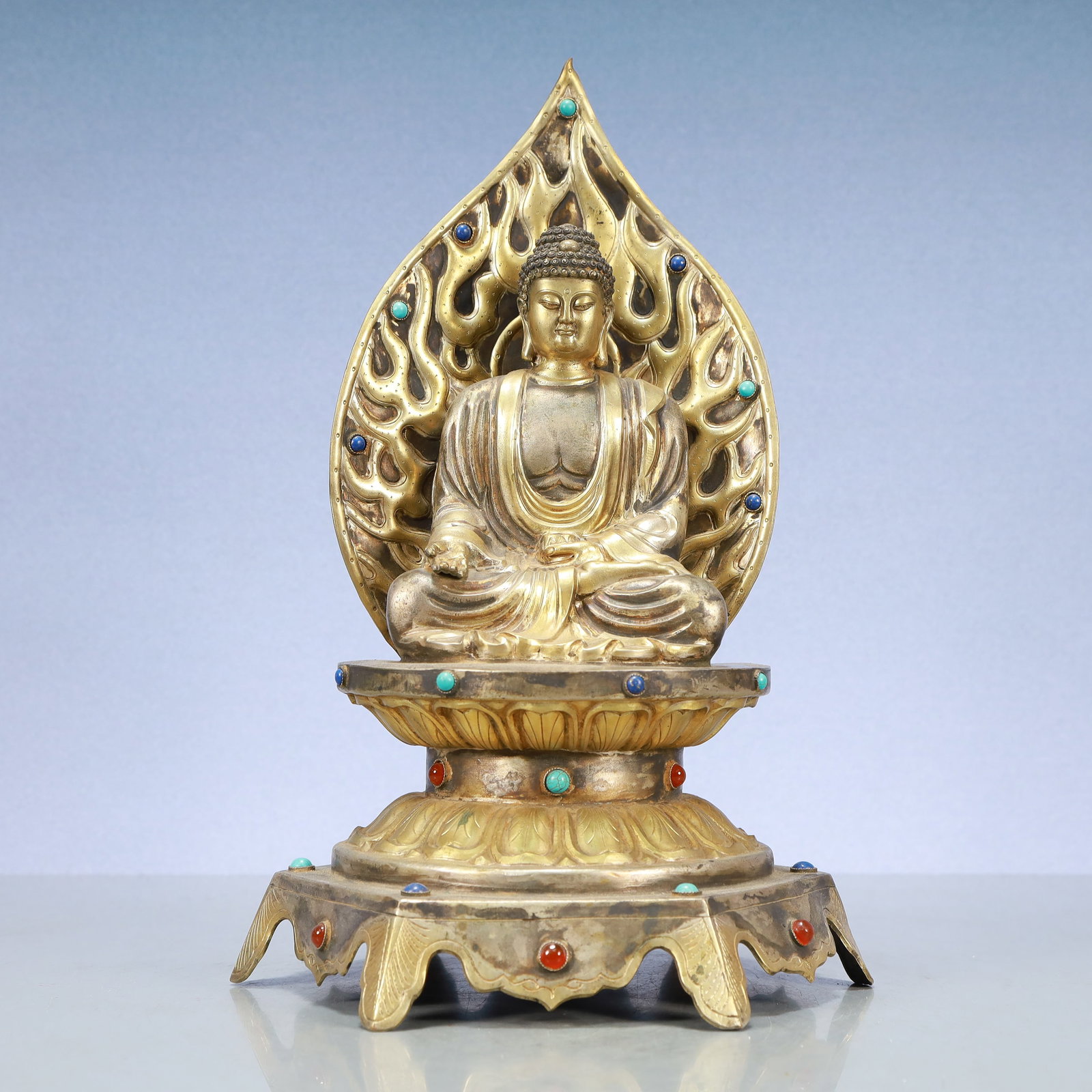 A Exquisite Gilt Silver Statue of Sakyamuni: A Exquisite Gilt Silver Statue of Sakyamuni Ming Dynasty, China Yongle Six-character Mark Size:9.1inx7.9inx13.6in Weight:2450g银鎏金如来 中国明代 