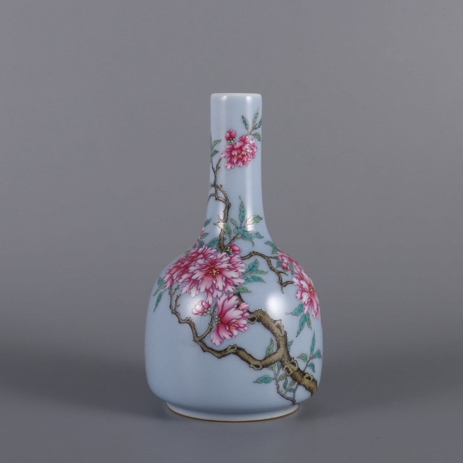 An Exquisite Sky Blue Glazed Famille-Rose Plum Blossom Pattern Vase,With Poem: An Exquisite Sky Blue Glazed Famille-Rose Plum Blossom Pattern Vase,With Poem,Qing Dynasty, China,Qianlong Six-character