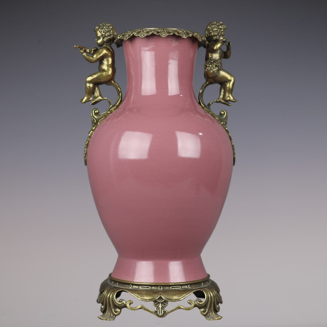 A Rare Ruby Red-Glazed Inlaid Bronze Figure-Ears Vase: A Rare Ruby Red-Glazed Inlaid Bronze Figure-Ears Vase,Qing Dynasty,China,Yongzheng Six-character