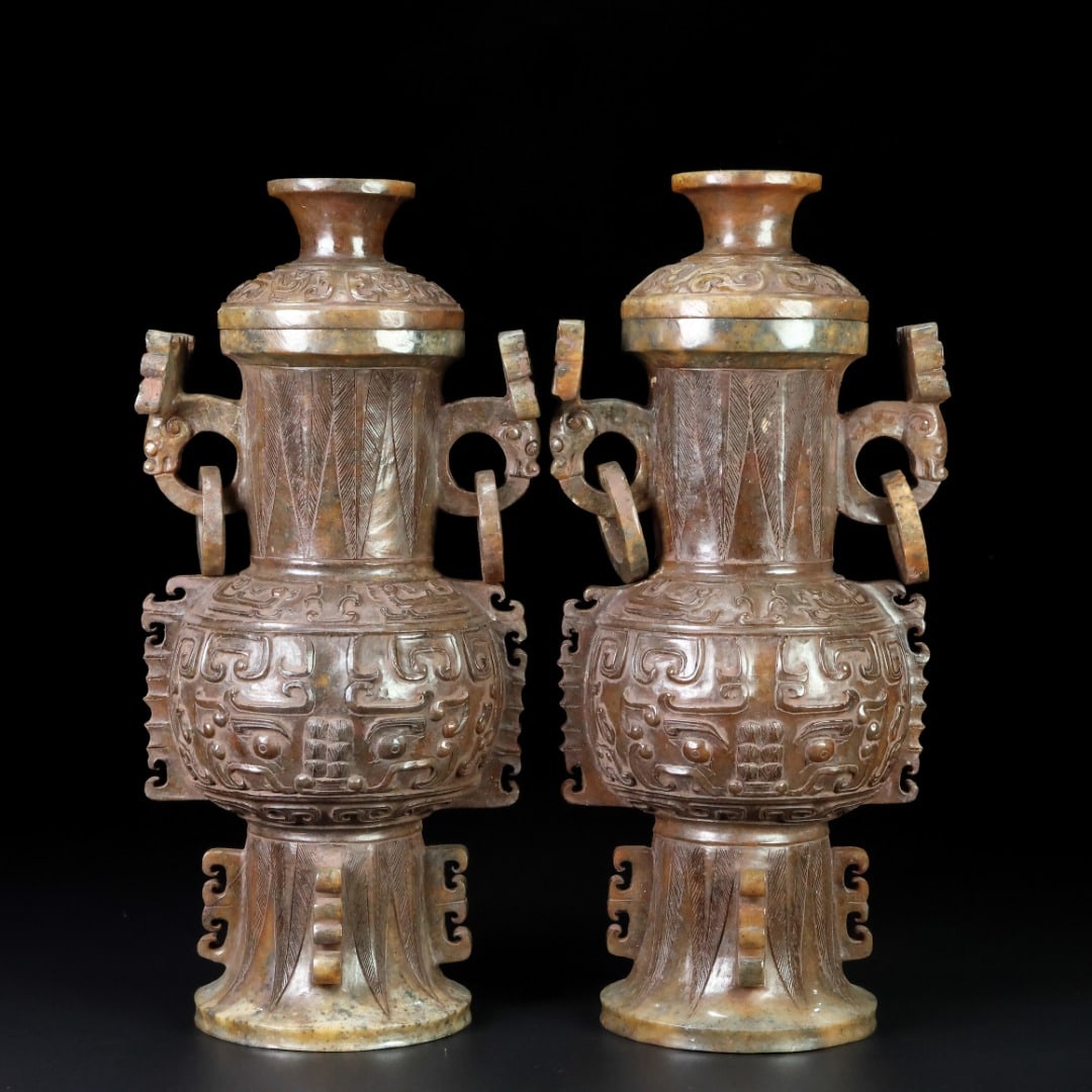 A Pair of Exquisite White Jade Beast-Face Pattern Beast-Ears Vases with Cover: A Pair of Exquisite White Jade Beast-Face Pattern Beast-Ears Vases with Cover,Qing Dynasty,China,Size:3.9inx8.5inx3.1in,Total