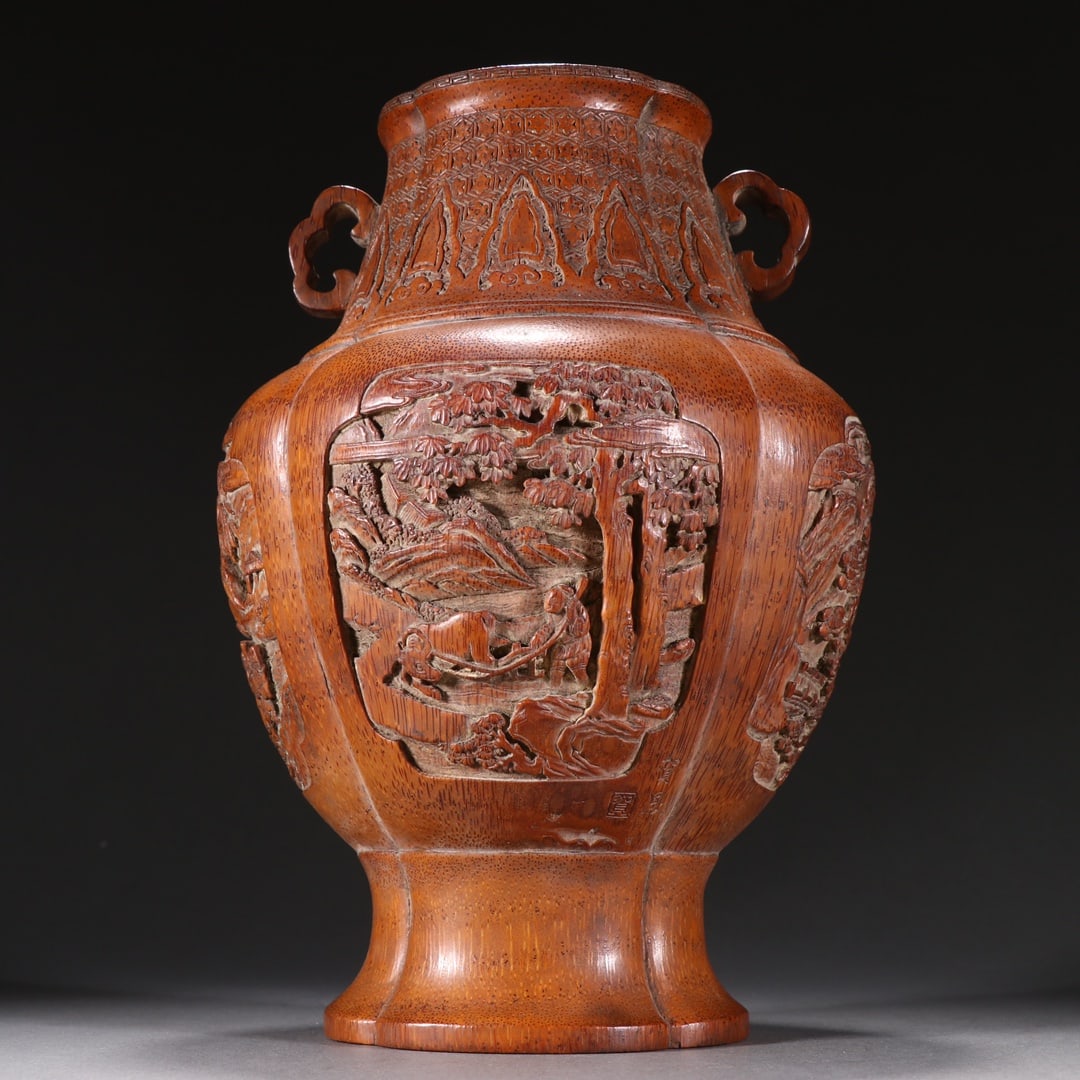 An Exquisite Bamboo Landscape and Figure Pattern Double-Ears Vase: An Exquisite Bamboo Landscape and Figure Pattern Double-Ears Vase,Qing