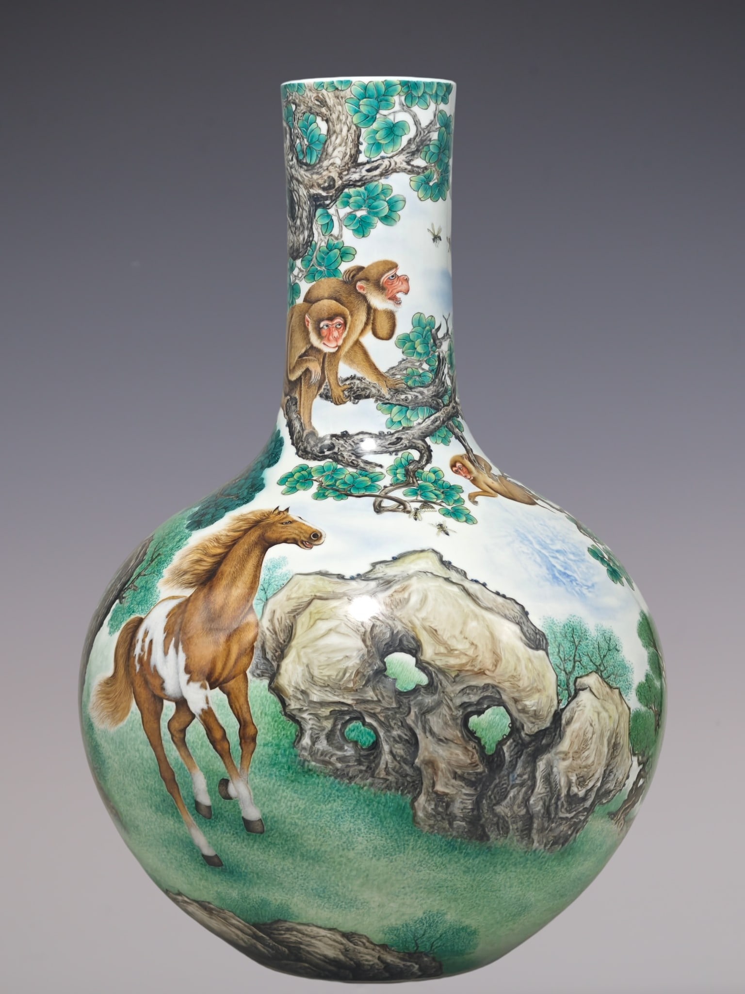 A Huge Enamel Horse and Monkey Pattern Vase,With Poem: A Huge Enamel Horse and Monkey Pattern Vase,With Poem,Qing Dynasty, China,Qianlong Six-character Mark,Size:23.2inx15.7in珐琅彩马猴纹瓶,带诗文