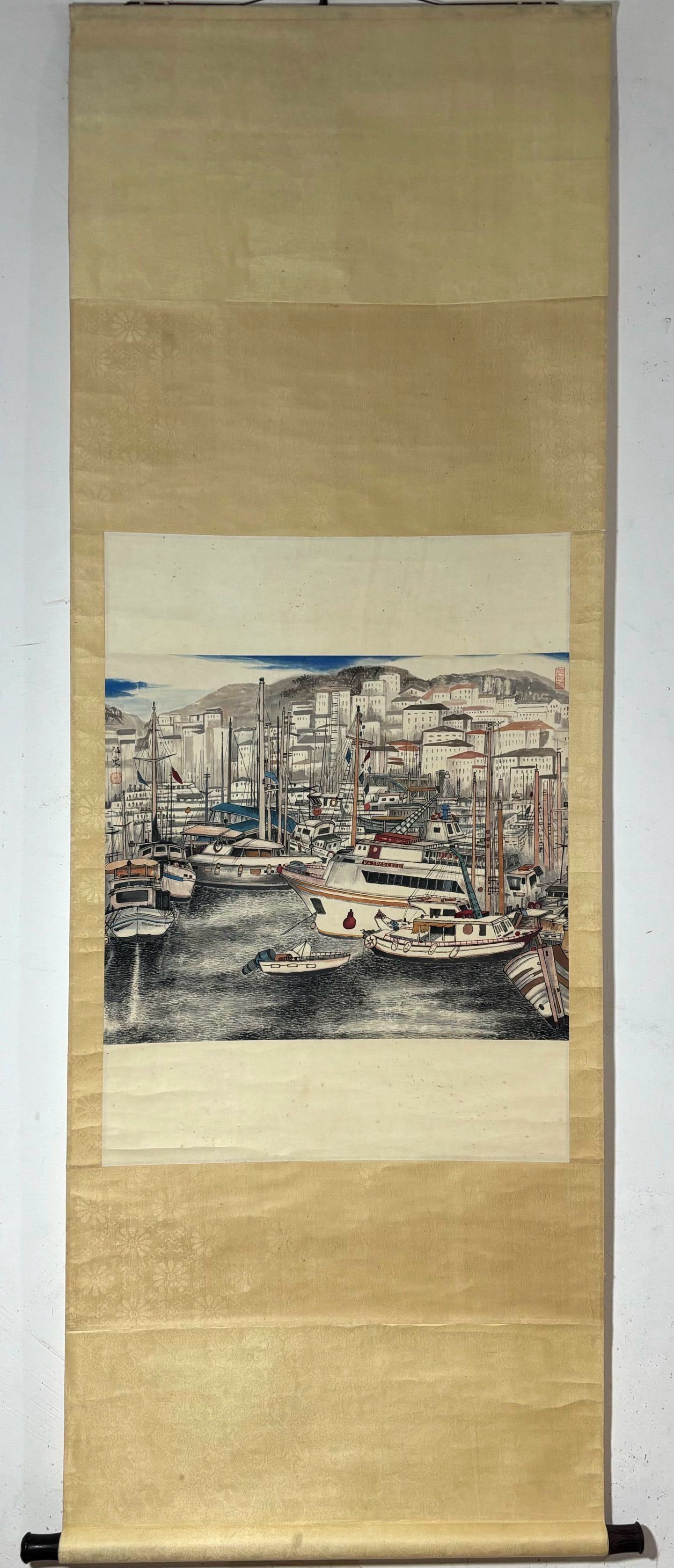 A Chinese Vertical Scroll Ink Painting of Landscape on Paper,Ren Zhong: A Chinese Vertical Scroll Ink Painting of Landscape on Paper,Ren Zhong,Size:(Without frame)18.5inx22.2in一幅中国水墨山水画立轴,任