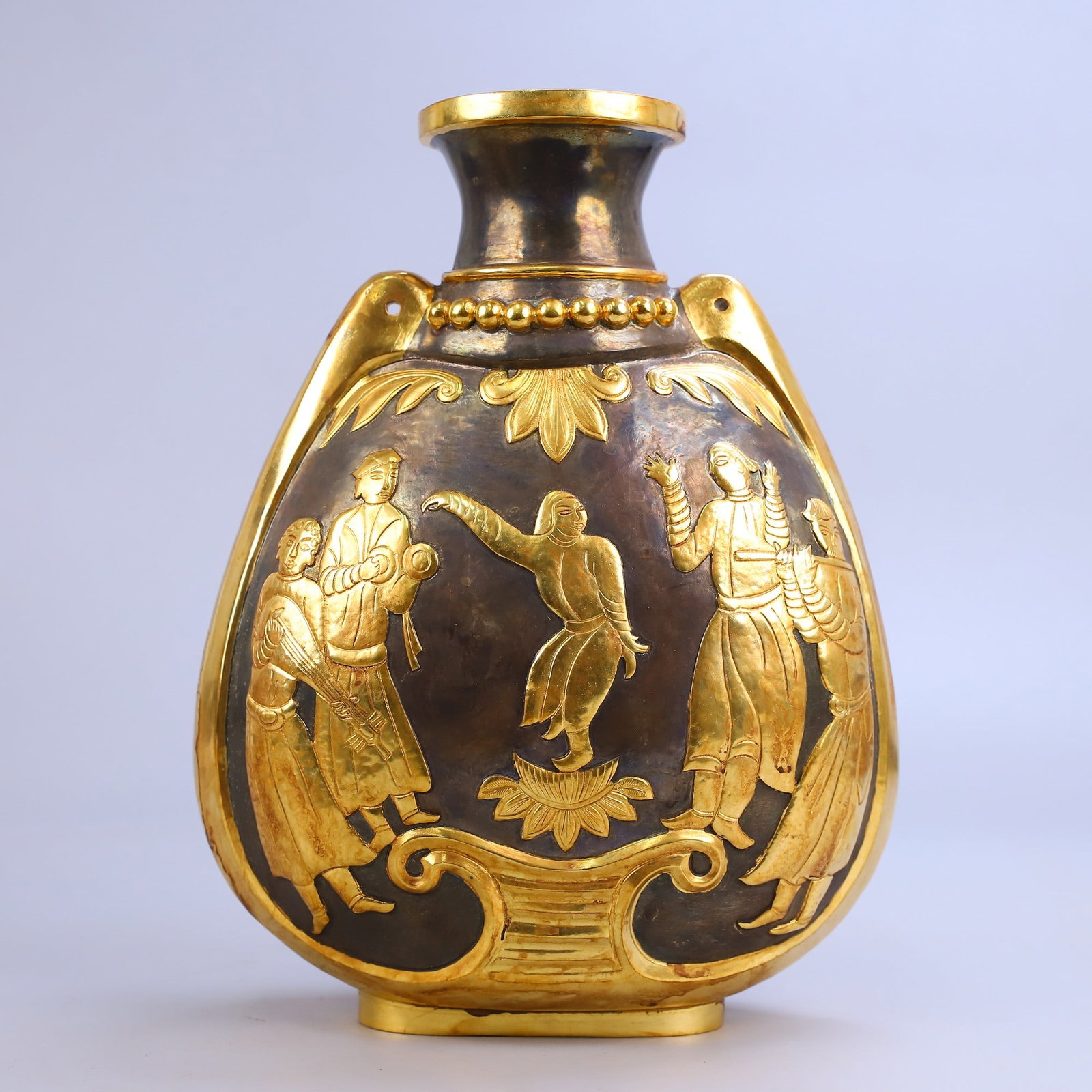 An Exquisite Gilt Bronze Figure Pattern Vase: An Exquisite Gilt Bronze Figure Pattern Vase,Tang Dynasty,China,Zhenguan Four-character