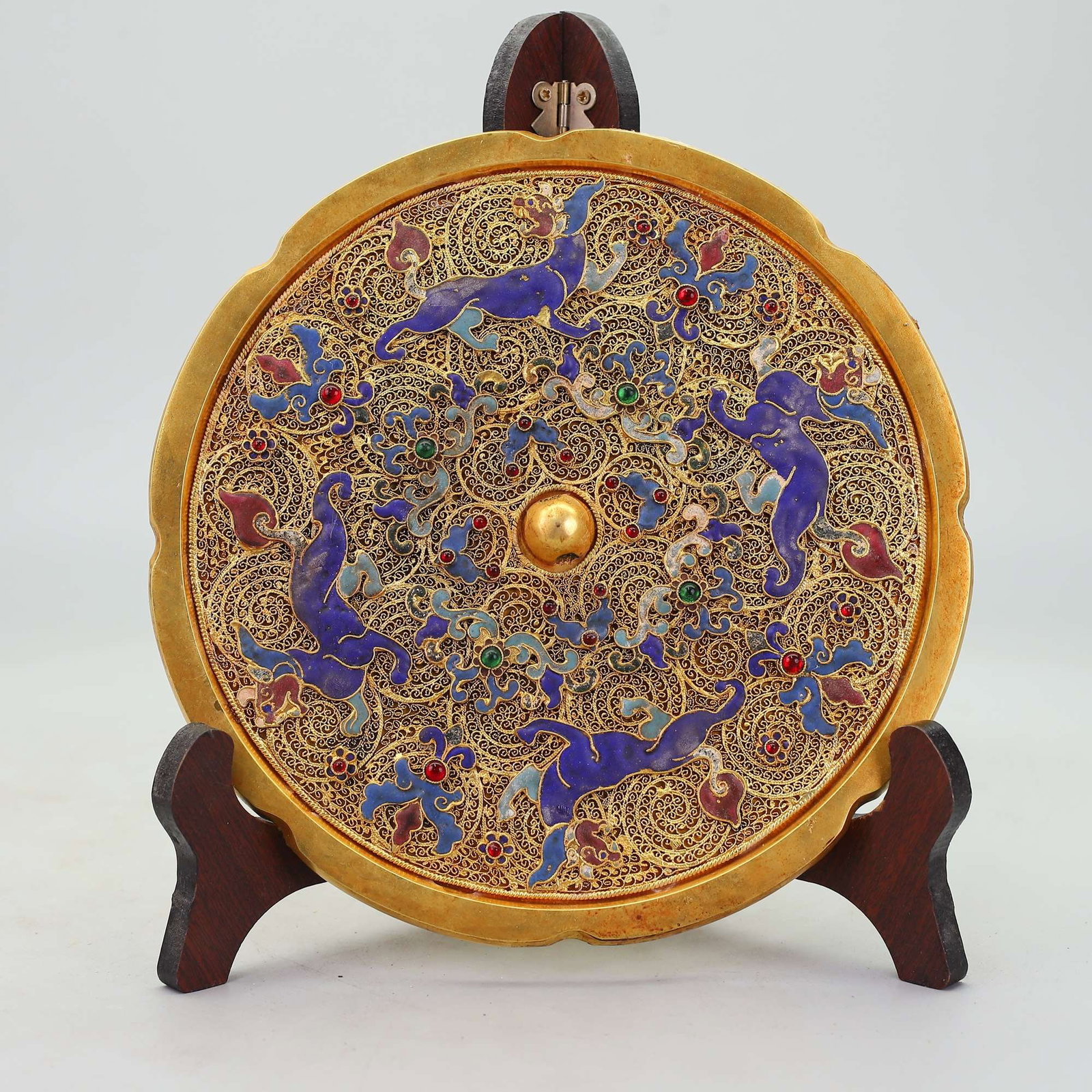 An Exquisite Gilt Bronze Inlaid Gems Blueing Auspicious Beast Pattern Mirror: An Exquisite Gilt Bronze Inlaid Gems Blueing Auspicious Beast Pattern Mirror,Qing