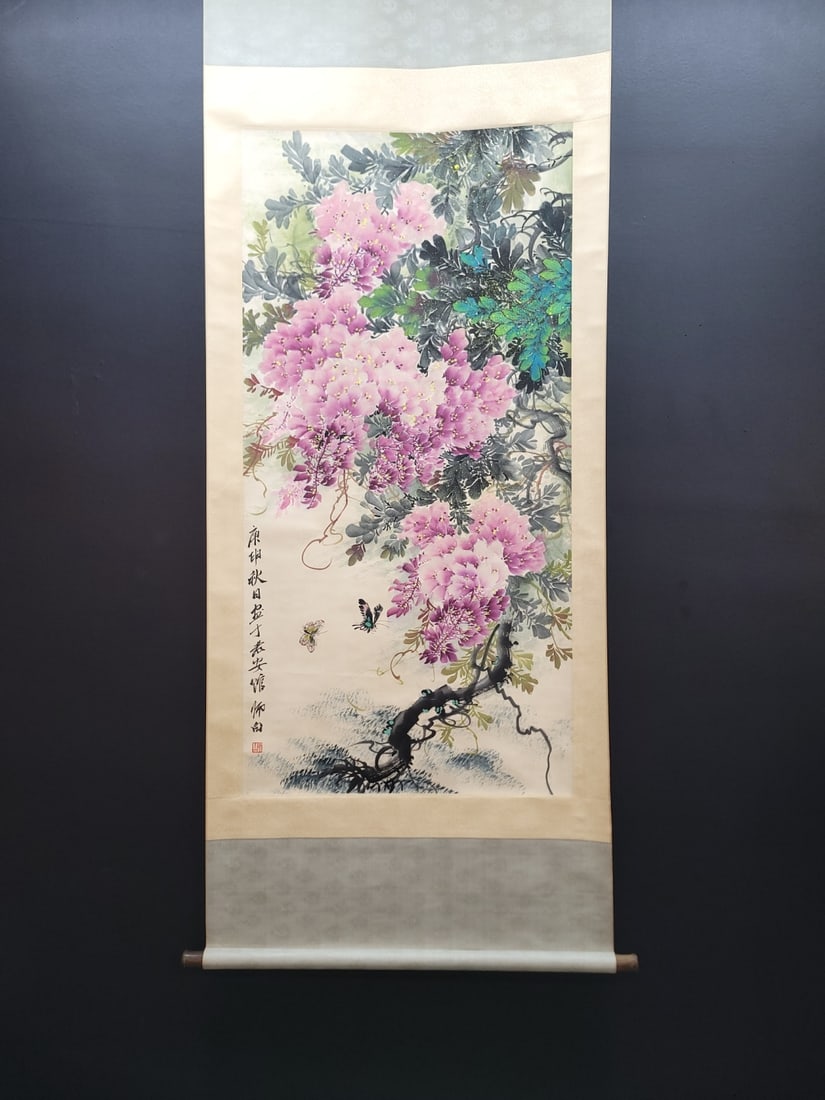 A Chinese Vertical Scroll Ink Painting of Flower and Butterfly on Paper,Lou Shibai: A Chinese Vertical Scroll Ink Painting of Flower and Butterfly on Paper,Lou Shibai,Size:(Without