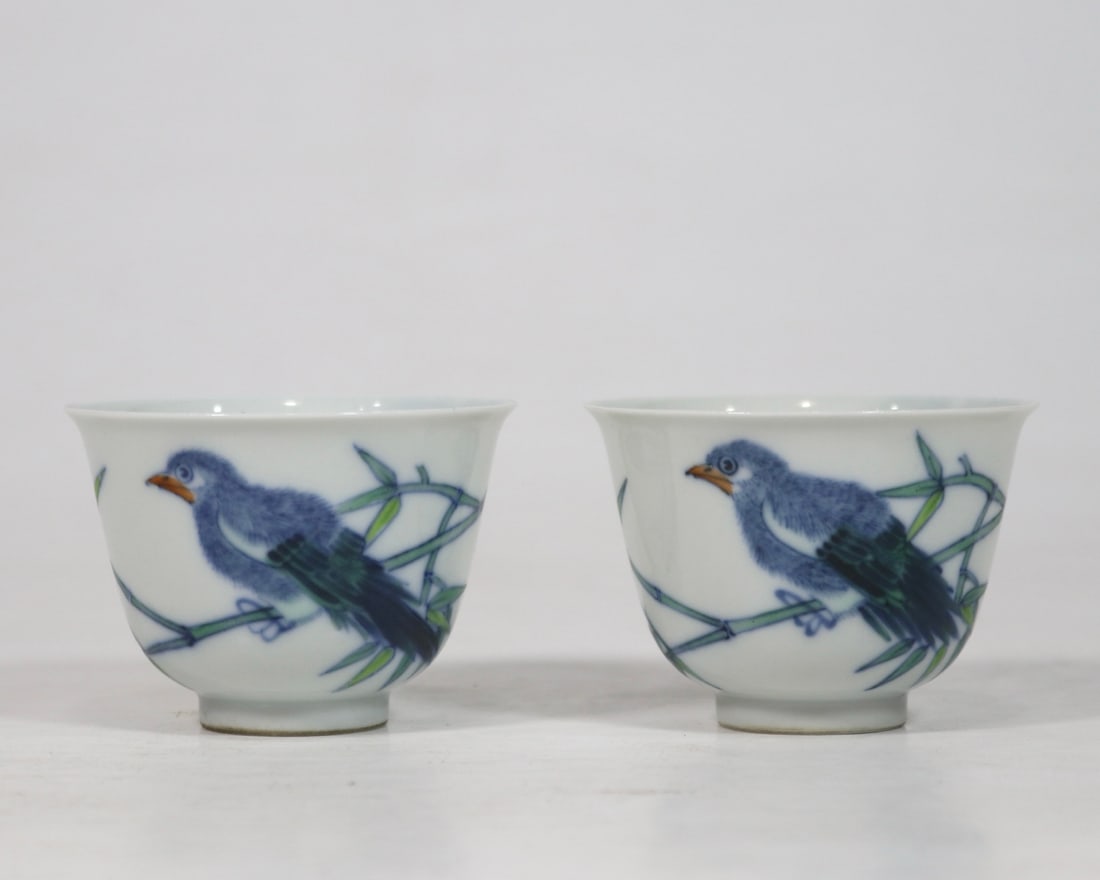 A Pair of Exquisite Blue and White Doucai Bamboo and Bird Pattern Cups: A Pair of Exquisite Blue and White Doucai Bamboo and Bird Pattern Cups,Qing Dynasty, China,Yongzheng Six-character