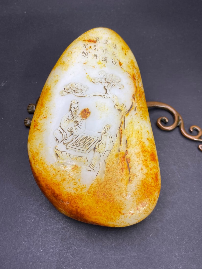 An Exquisite White Jade Character and Story Pattern Ornament,With Poem: An Exquisite White Jade Character and Story Pattern Ornament,With Poem,Qing Dynasty,China,Size:5.6inx3.5inx1.5in,Weight:784g白玉人物故事纹摆件,