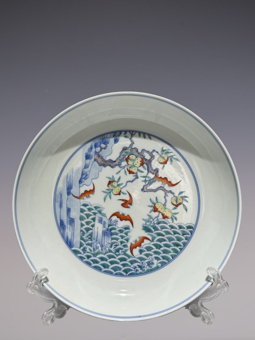 An Exquisite Doucai Seawater,Bats and Peach Pattern Plate: An Exquisite Doucai Seawater,Bats and Peach Pattern Plate,Qing Dynasty, China,Yongzheng Six-character Mark,Size:1.8inx8.6in斗彩海水福寿纹盘,中