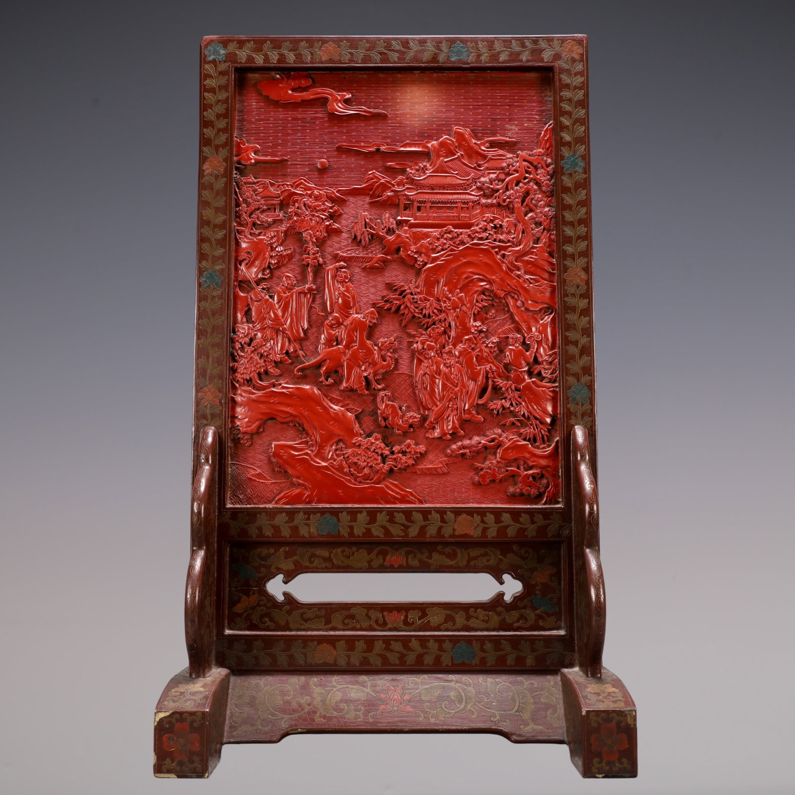 A Exquisite Carved Red Lacquer Landscape and Figure Pattern Screen: A Exquisite Carved Red Lacquer Landscape and Figure Pattern Screen Qing Dynasty, China Size:13inx7.9inx22.6in Weight:2250g漆器山水人物纹台屏