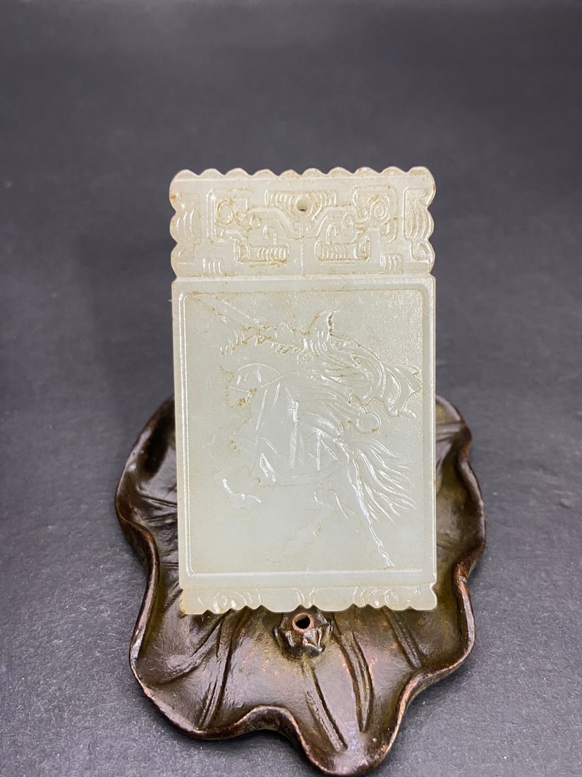 An Exquisite White Jade Figure Riding Horse Pattern Pendant,With Poem: An Exquisite White Jade Figure Riding Horse Pattern Pendant,With Poem,Qing