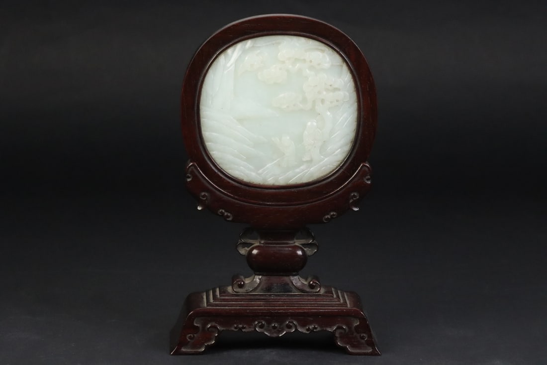 An Exquisite Zitanwood Inlaid White Jade Character and Story Pattern Table Screen (1 of 11)