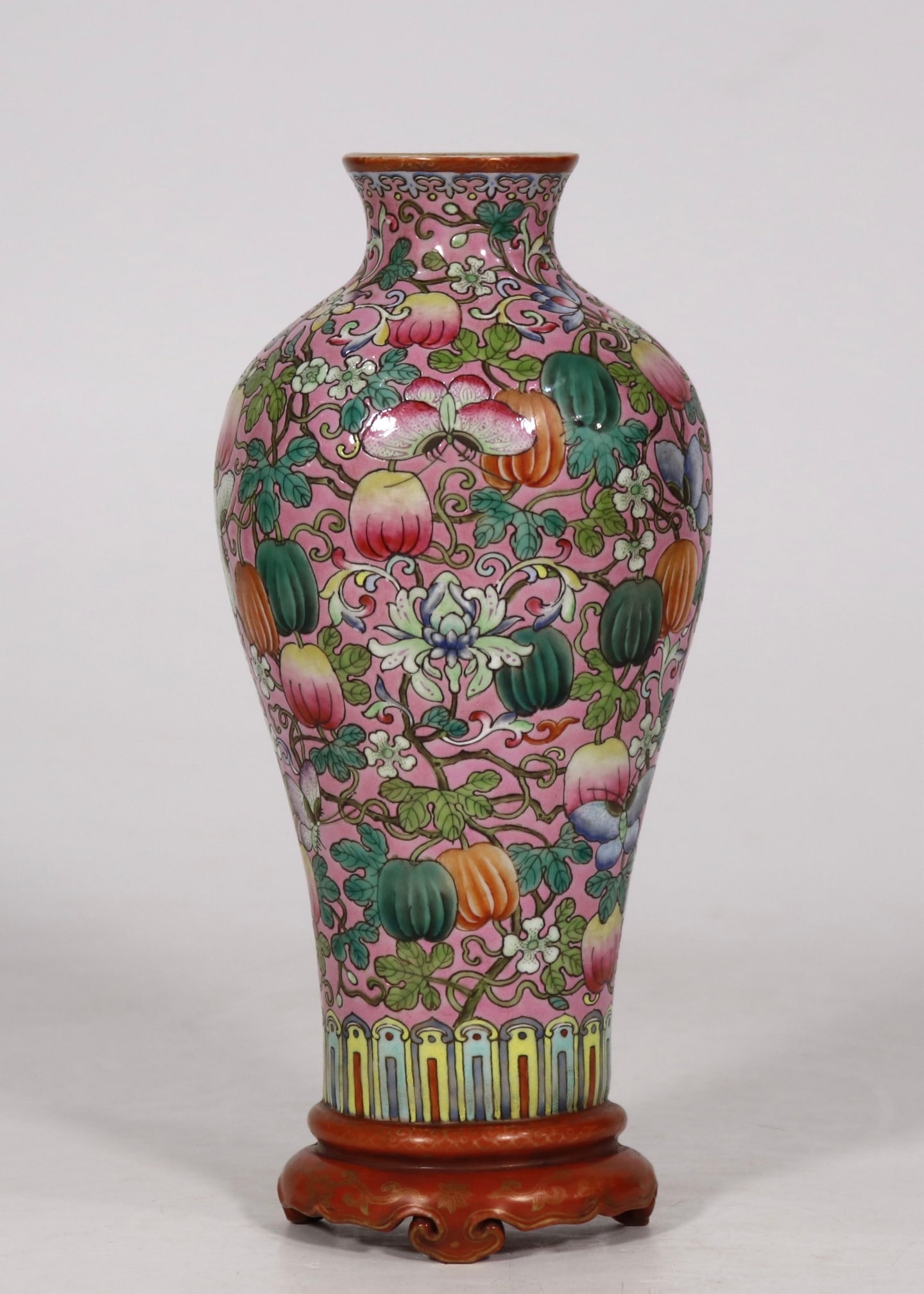 An Exquisite Pink Ground Famille-Rose Painted Gold Pumpkin and Butterfly Pattern Vase: An Exquisite Pink Ground Famille-Rose Painted Gold Pumpkin and Butterfly Pattern Vase,Qing Dynasty, China,Qianlong Six-character