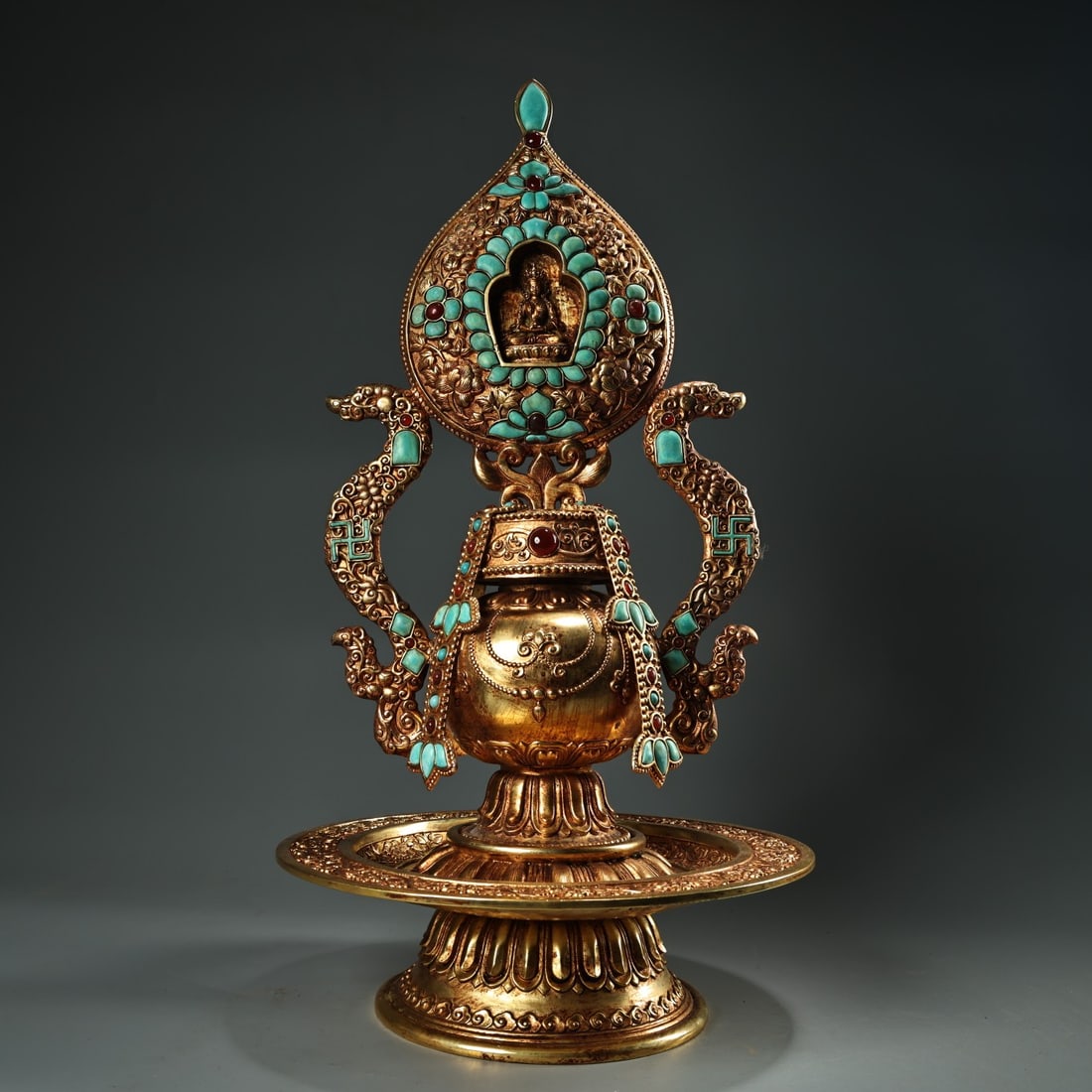 A Huge Gilt Bronze Inlaid Turquoise Niche,Inlaid Gems,With Base: A Huge Gilt Bronze Inlaid Turquoise Niche,Inlaid Gems,With Base,Qing