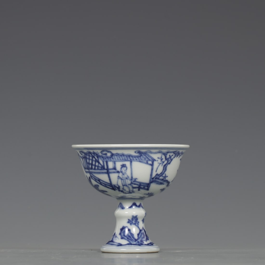 An Exquisite Blue and White Character and Story Pattern Stem Cup,With Sanskrit: An Exquisite Blue and White Character and Story Pattern Stem Cup,With Sanskrit,Ming Dynasty,China,Xuande Six-character