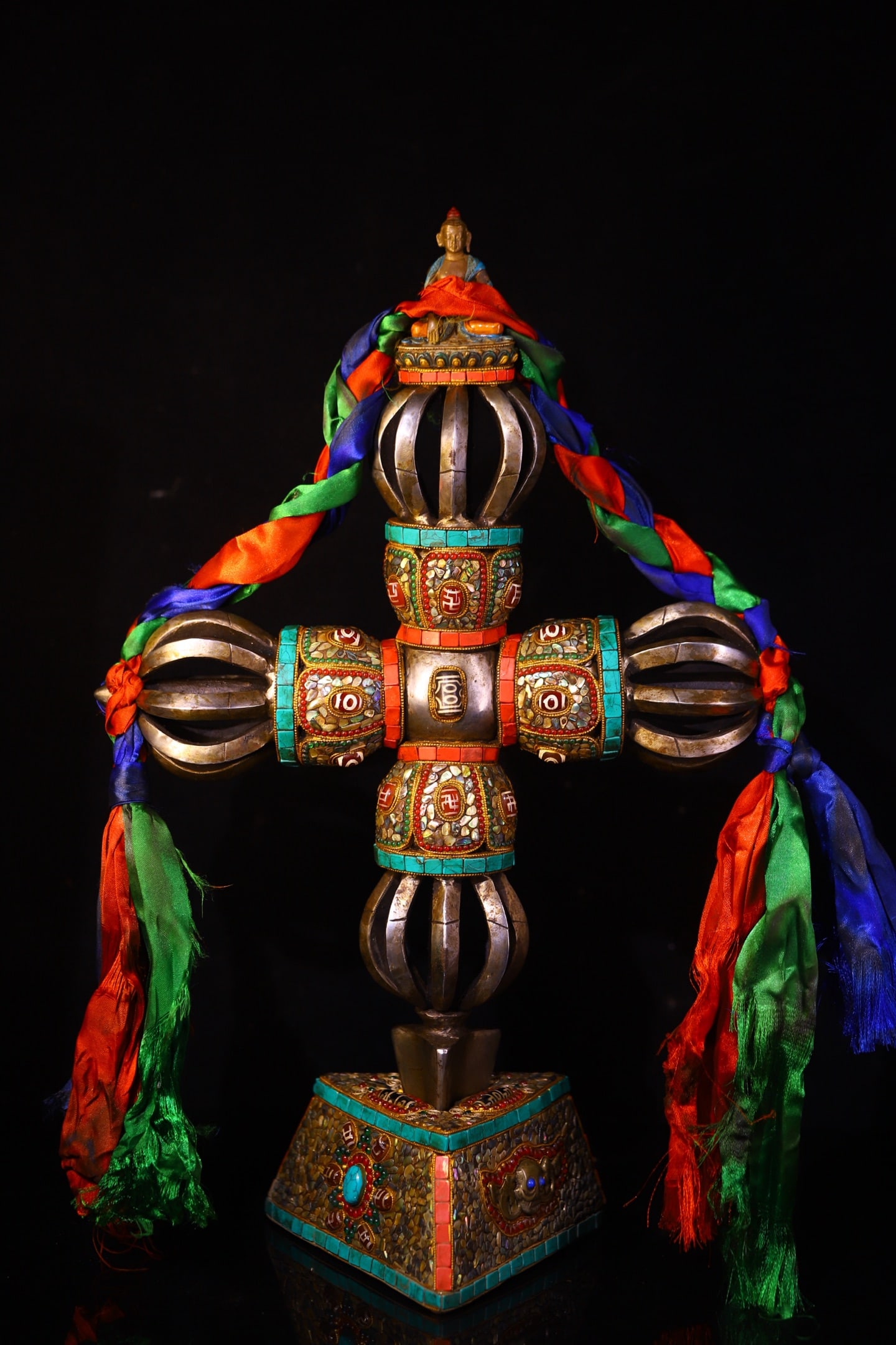 A Huge Bronze Inlaid Gems and Turquoise Vajry Pestle Ornament (1 of 9)
