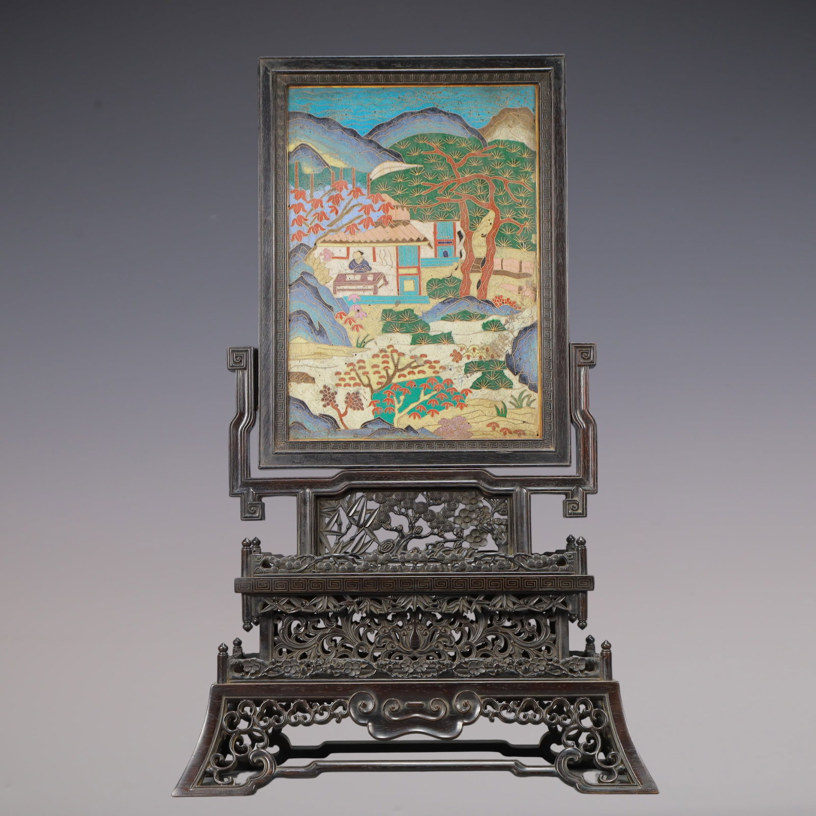 A Exquisite Zitanwood Landscape and Figure Pattern Pine Pattern with poem Screen: A Exquisite Zitanwood Landscape and Figure Pattern Pine Pattern with poem Screen Qing Dynasty, China Size:13.8inx6.7inx22.4in Weight:3050g紫檀木山水人物ಬ