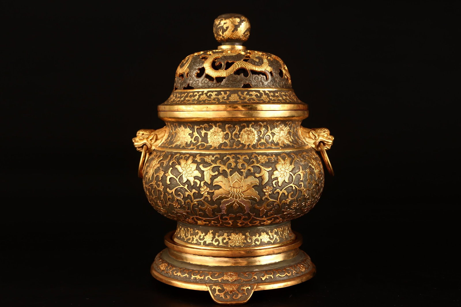 An Exquisite Gilt Bronze Lotus and Dragon Pattern Beast-Ears Censer,With Tripod Base (1 of 9)