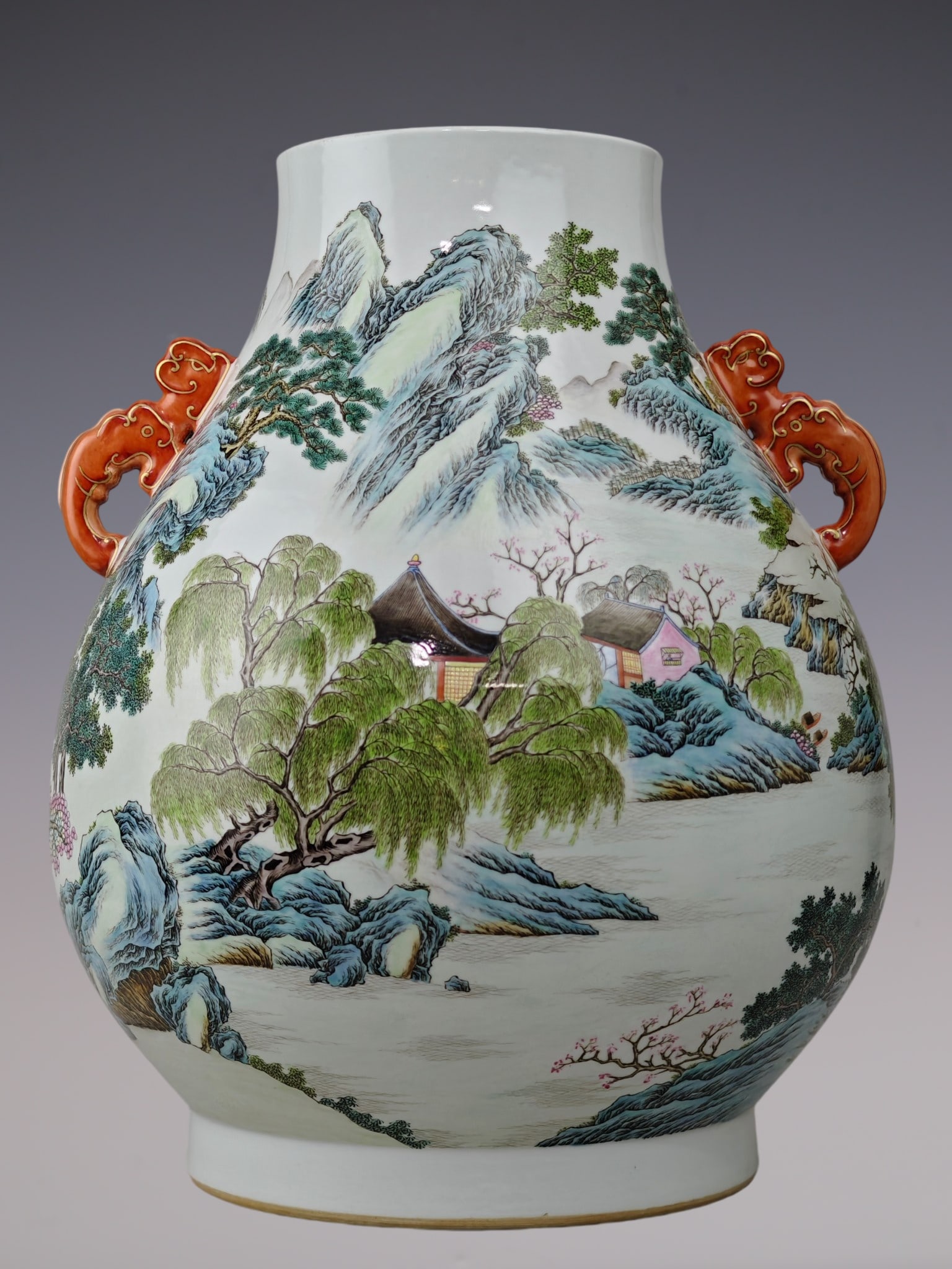 A Huge Famille-Rose Landscape and Figure Pattern Double-Ears Vase: A Huge Famille-Rose Landscape and Figure Pattern Double-Ears Vase,Qing Dynasty, China,Qianlong Six-character Mark,Size:17.9inx15in粉彩山水人物纹双೑
