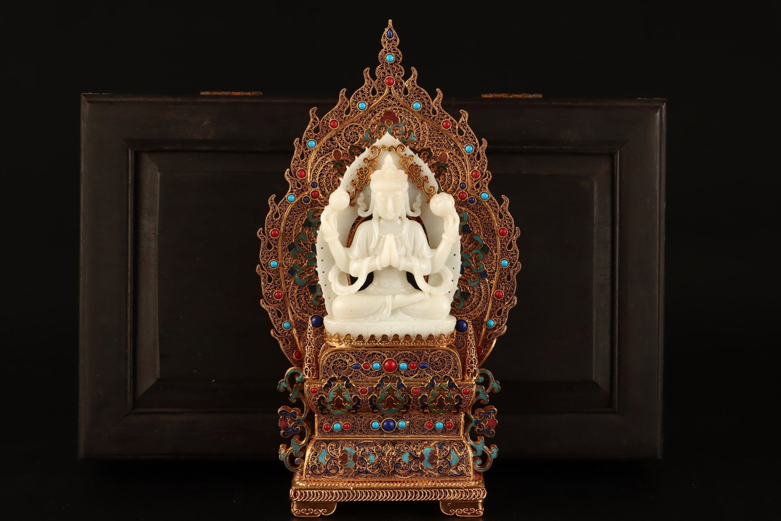 A Rare Filigree and Gilding Inlaid White Jade Buddha Statue Ornament,Inlaid Turquoise: A Rare Filigree and Gilding Inlaid White Jade Buddha Statue Ornament,Inlaid Turquoise,Qing Dynasty,China,Qianlong Four-character Mark,Size:12.6inx6.5in,(Buddha Statue)5.5in,Weight:962g花丝