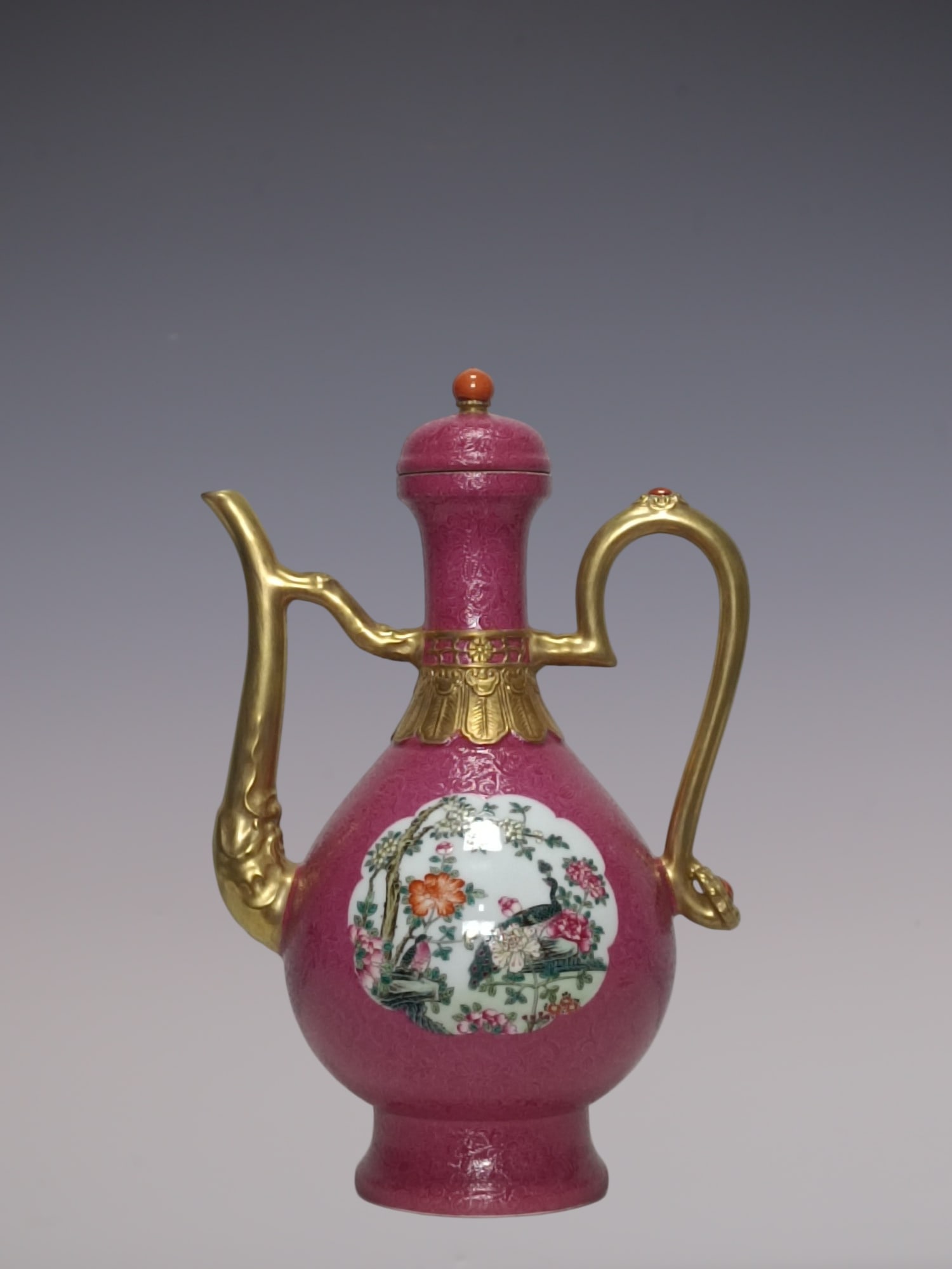 A Huge Famille-Rose Ruby Red-Glazed Painted Gold Flower and Bird Pattern Flagon,Inlaid Gems: A Huge Famille-Rose Ruby Red-Glazed Painted Gold Flower and Bird Pattern Flagon,Inlaid Gems,Qing Dynasty, China,Qianlong Four-character Mark,Size:16.5inx9.8in粉彩胭脂红&#