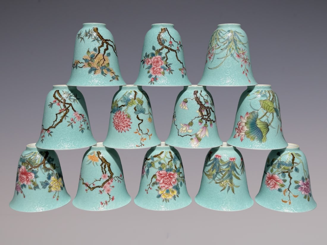 A Set of Fine Enamel Turquoise Ground Flower Pattern Cups: A Set of Fine Enamel Turquoise Ground Flower Pattern Cups,Qing Dynasty, China,Yongzheng Four-character
