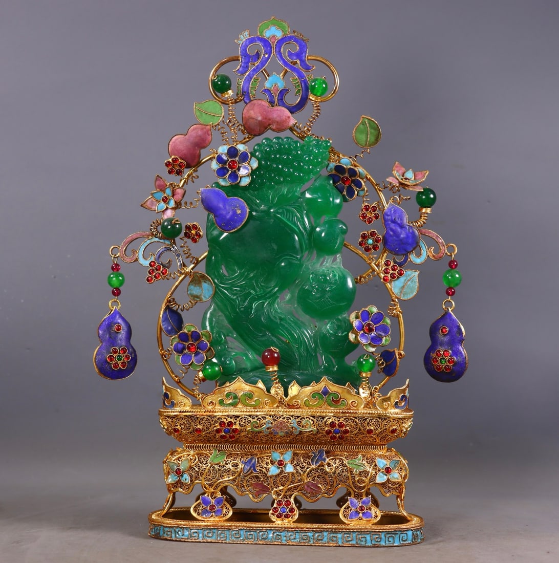 A Rare Filigree and Gilding Inlaid Jadeite Rockery Ornament,Inlaid Gems: A Rare Filigree and Gilding Inlaid Jadeite Rockery Ornament,Inlaid Gems,Qing Dynasty,China,Qianlong Four-character