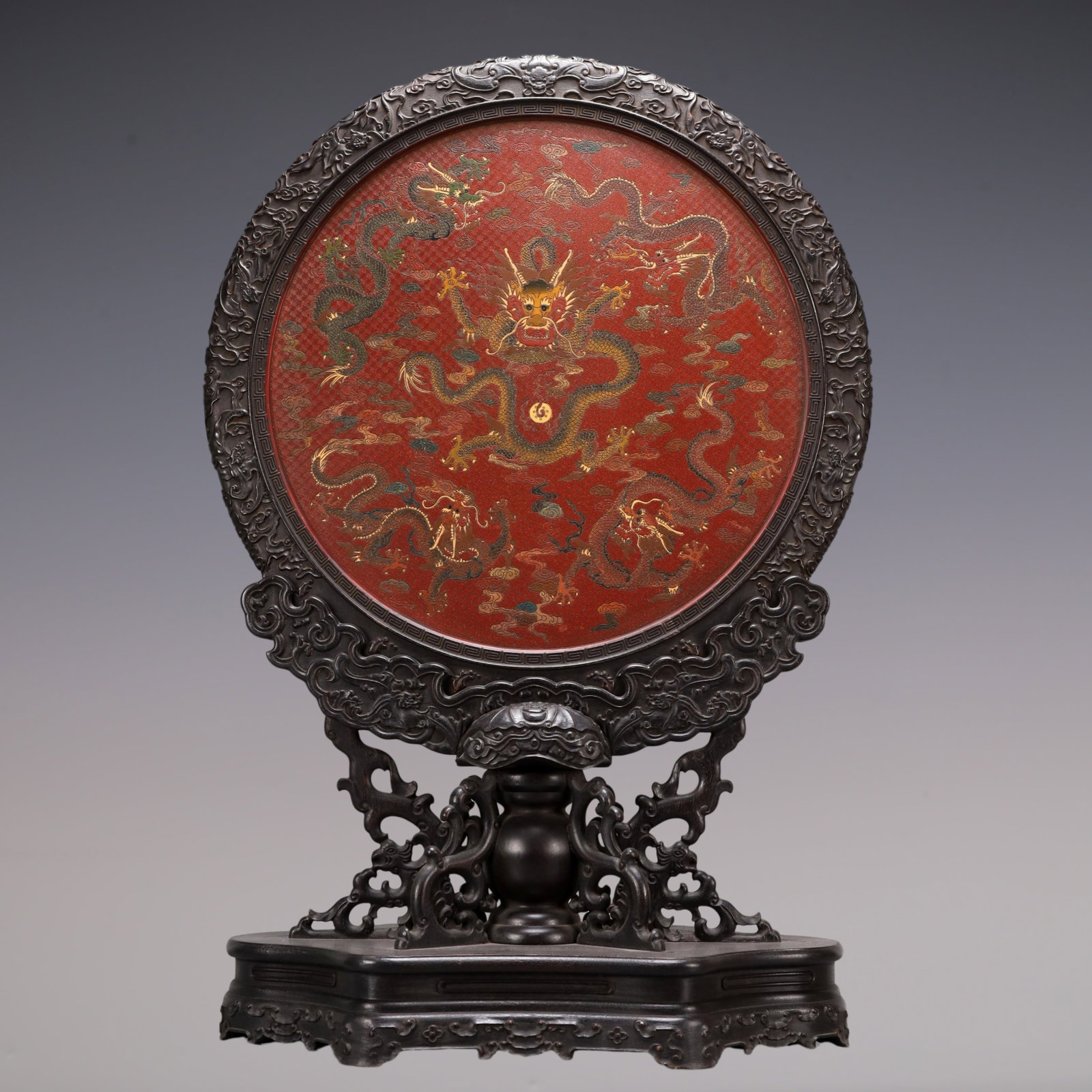 A Exquisite Zitanwood Inlaid Carved Red Lacquer Dragon Pattern Landscape and Figure Pattern Screen (1 of 16)