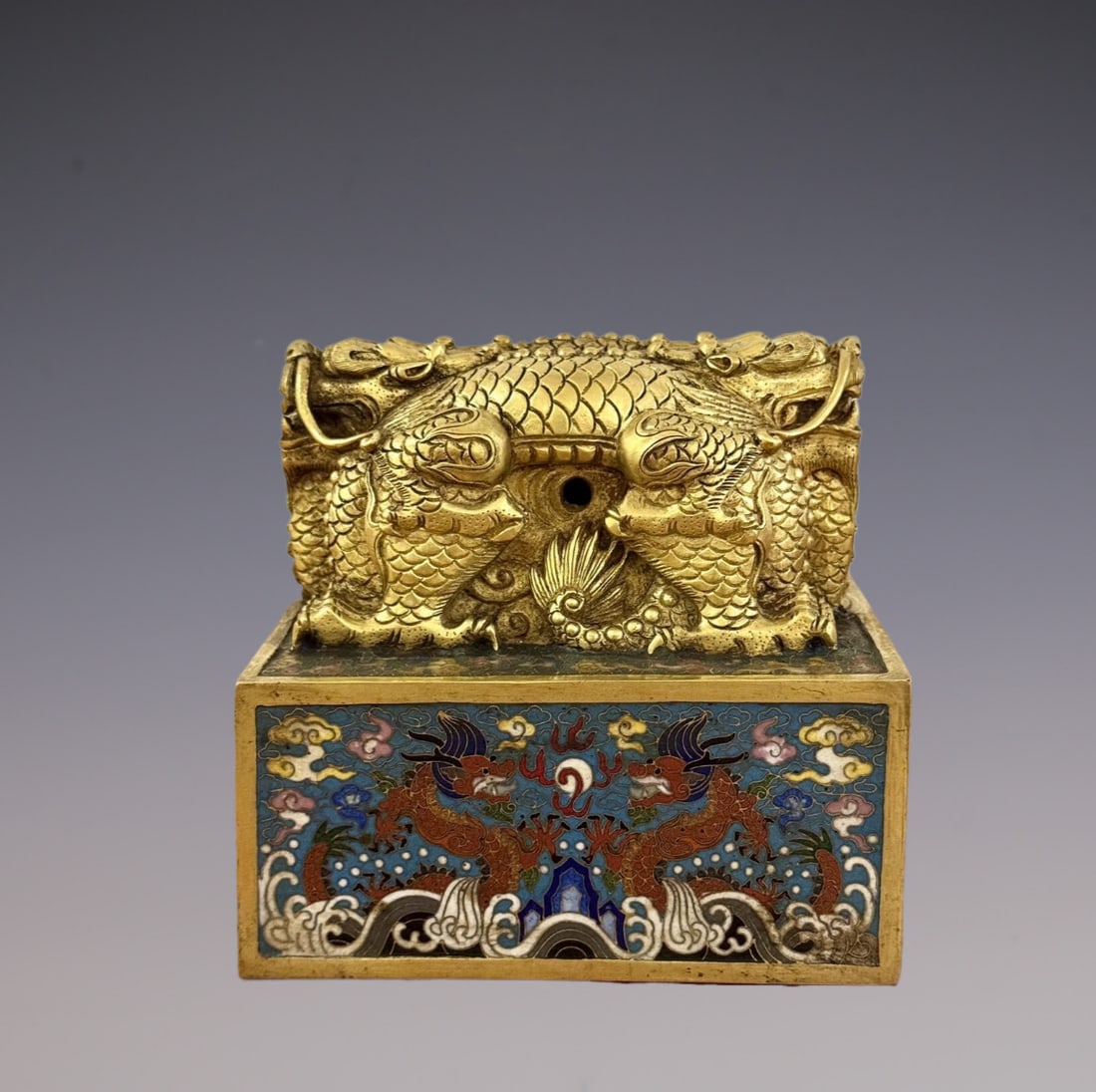 An Exquisite Cloisonne Dragon Pattern Seawater Pattern Auspicious Beast Seal: An Exquisite Cloisonne Dragon Pattern Seawater Pattern Auspicious Beast Seal Qing Dynasty, China Qianlong Four-character Mark Size:5.1inx5.5in