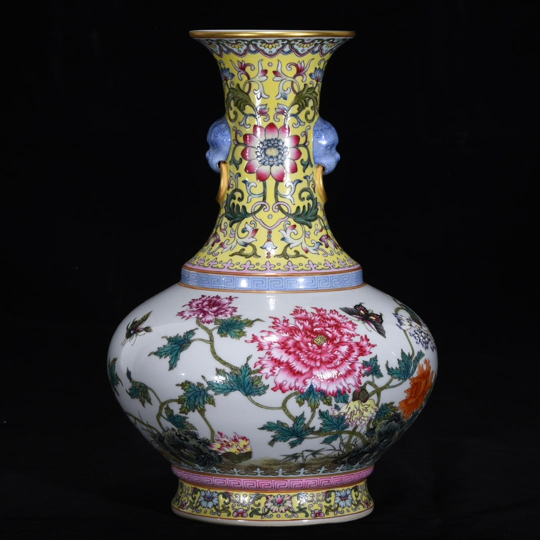 An Exquisite Famille-Rose Painted Gold Flower and Butterfly Pattern Beast-Ears Vase,With Poem: An Exquisite Famille-Rose Painted Gold Flower and Butterfly Pattern Beast-Ears Vase,With Poem,Qing Dynasty, China,Qianlong Six-character