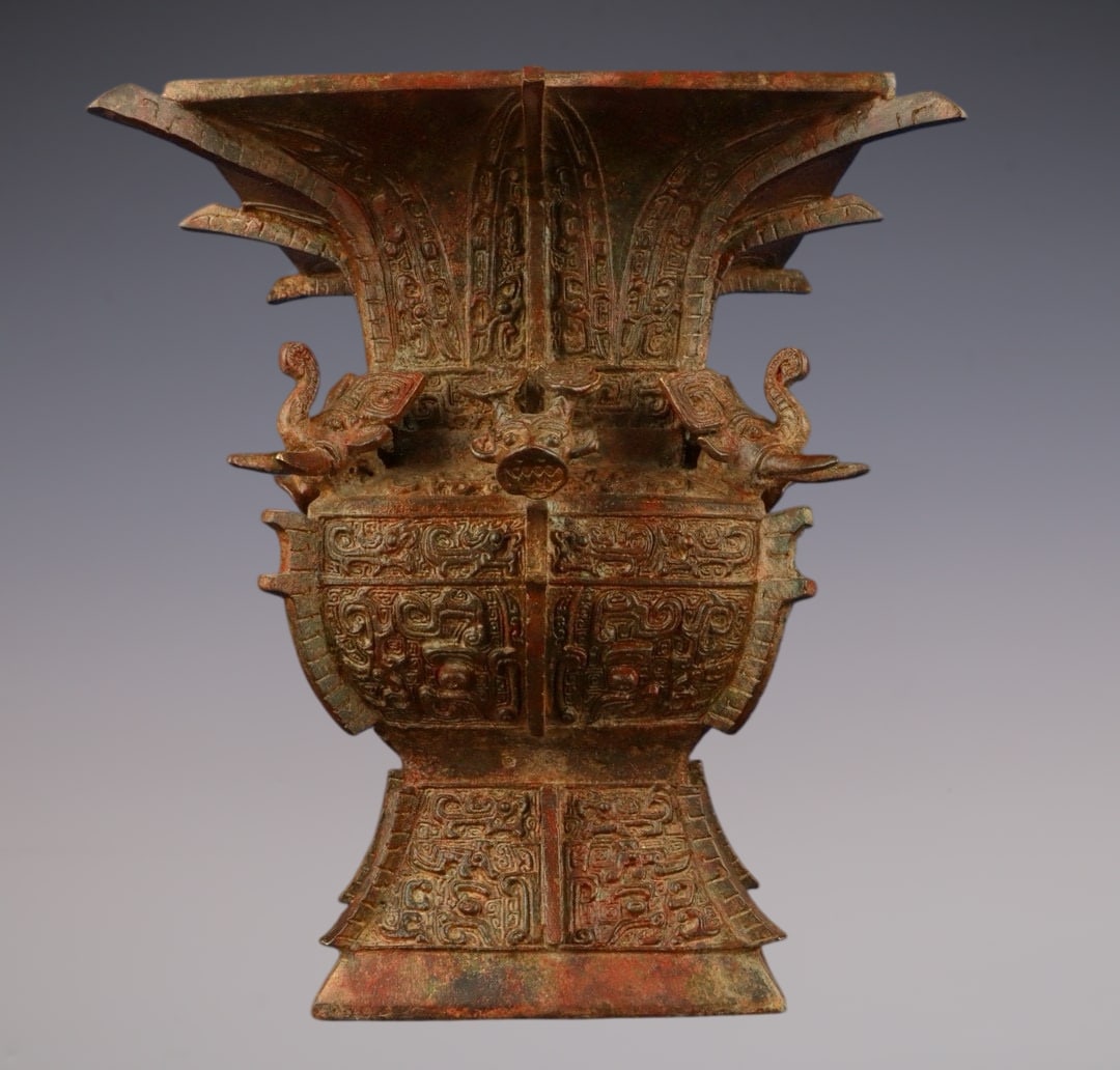 An Archaic Bronze Beast-Face Pattern Elephant-Ears Vase,With Inscription: An Archaic Bronze Beast-Face Pattern Elephant-Ears Vase,With Inscription,W.Zhou ,