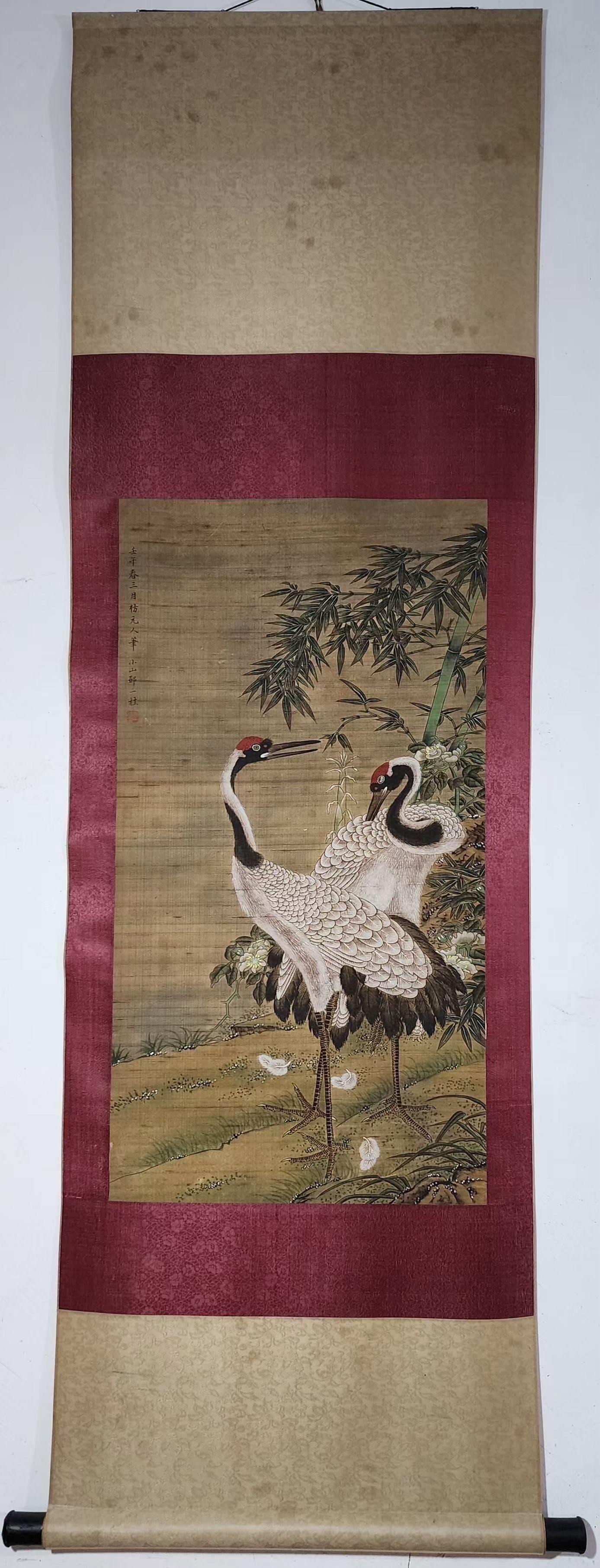 A Chinese Vertical Scroll Ink Painting of Crane on Silk,Zhou Yigui: A Chinese Vertical Scroll Ink Painting of Crane on Silk,Zhou Yigui,Size:(Without frame)32.3inx17.3in一幅中国水墨绢本鹤图立轴,