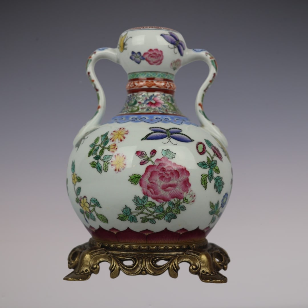 An Exquisite White Ground Famille-Rose Inlaid Bronze Flower and Butterfly Pattern Double-Ears Vase: An Exquisite White Ground Famille-Rose Inlaid Bronze Flower and Butterfly Pattern Double-Ears Vase,Qing Dynasty,China,Yongzheng Four-character Mark,Size:11inx6.9inx7.1in白地粉彩