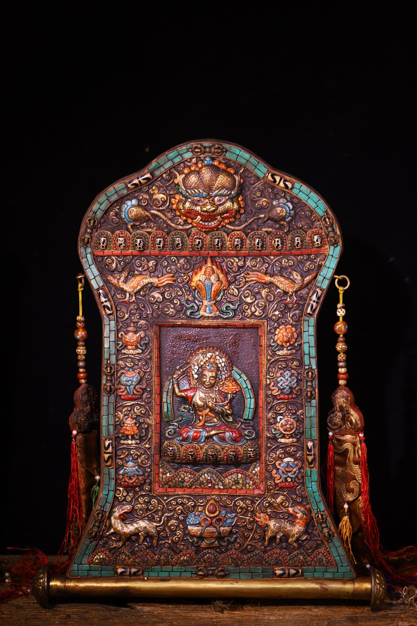 A Huge Bronze Inlaid Dzi Bead and Gems Statue of Manjusri Tangka (1 of 9)