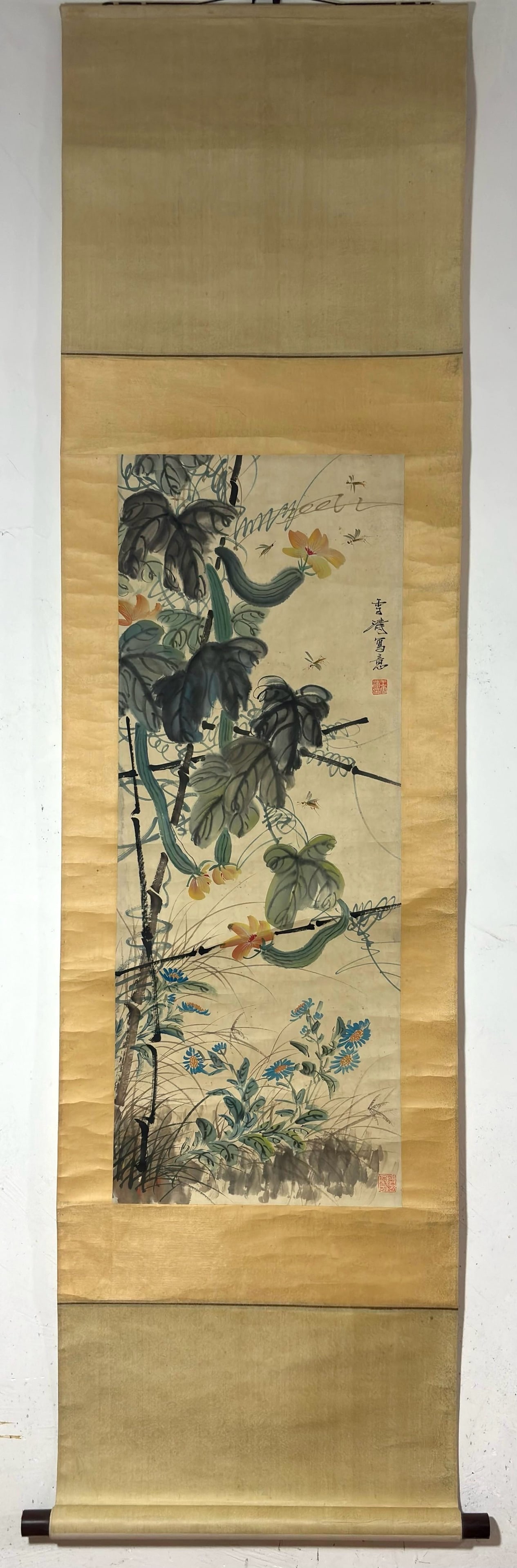 A Chinese Vertical Scroll Ink Painting of Luffa and Insect on Paper,Wang Xuetao (1 of 9)