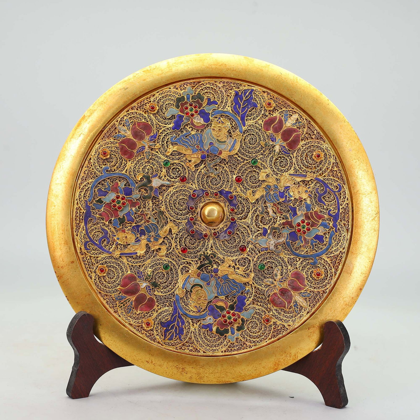 An Exquisite Gilt Bronze Inlaid Gems Blueing Figure Pattern Mirror (1 of 10)