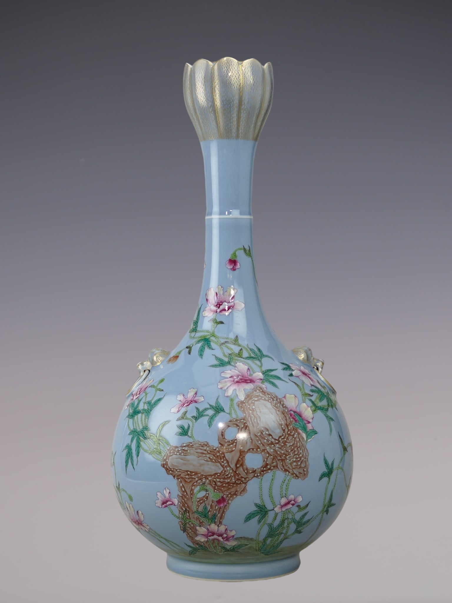 A Huge Sky Blue Glazed Famille-Rose Painted Gold Flower Pattern Beast-Ears Vase: A Huge Sky Blue Glazed Famille-Rose Painted Gold Flower Pattern Beast-Ears Vase,Qing Dynasty, China,Qianlong Six-character Mark,Size:20.3inx9.8in天青釉粉彩描金