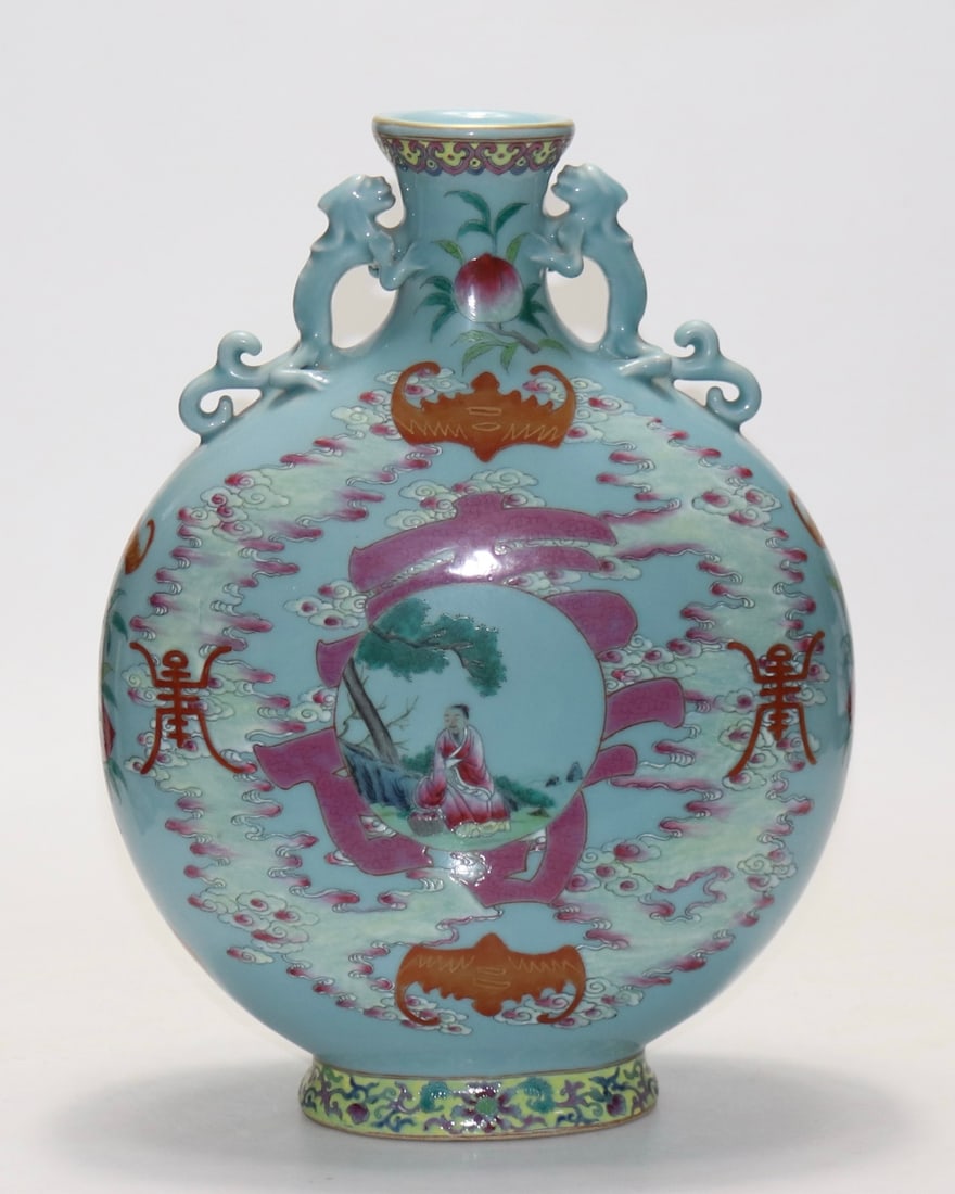 A Rare Celadon Glazed Famille-Rose Painted Gold Auspicious Cloud Figure,Bats and Peach Pattern Vase: A Rare Celadon Glazed Famille-Rose Painted Gold Auspicious Cloud Figure,Bats and Peach Pattern Vase,Qing Dynasty, China,Qianlong Six-character Mark,Size:14.4inx10.2in青釉粉彩&#
