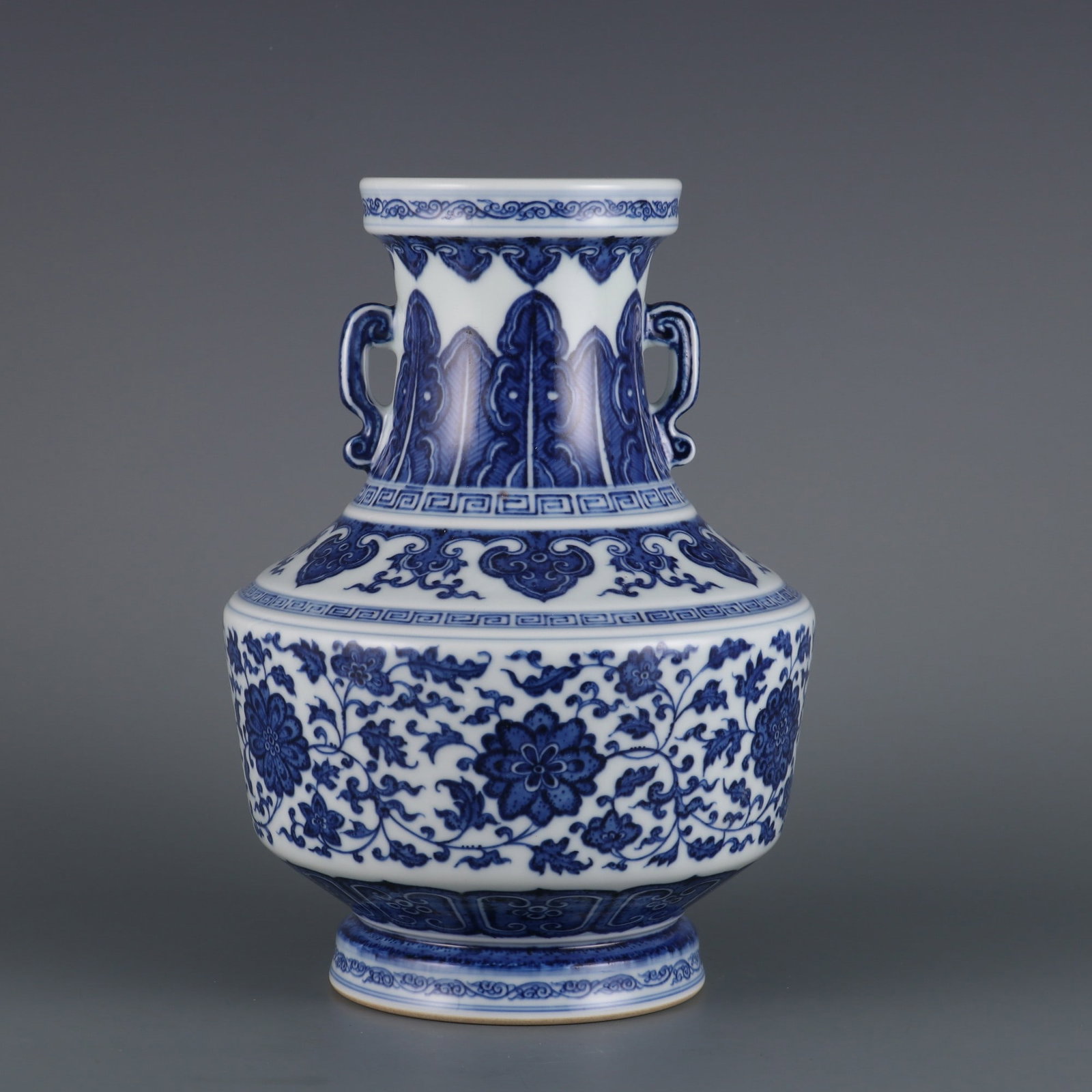 An Exquisite Blue and White Lotus Pattern Double-Ears Vase: An Exquisite Blue and White Lotus Pattern Double-Ears Vase,Qing Dynasty, China,Qianlong Six-character
