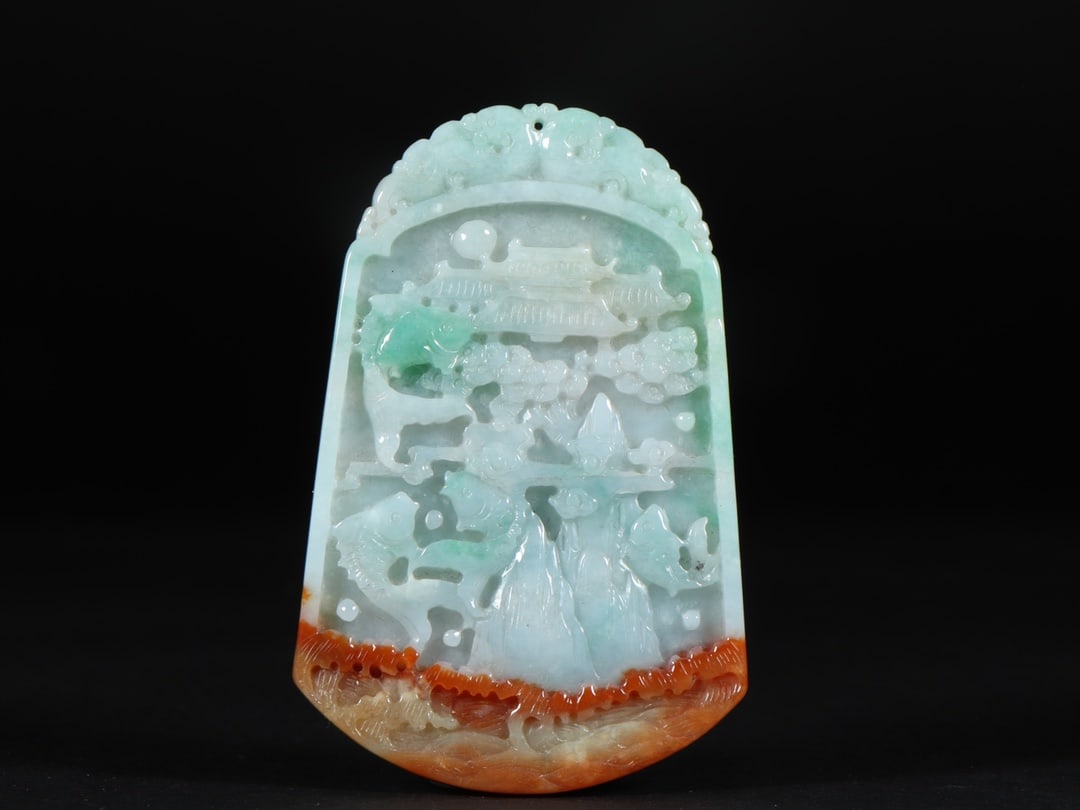 An Exquisite Jadeite Rooster Landscape Pattern Pendant: An Exquisite Jadeite Rooster Landscape Pattern Pendant,Qing Dynasty,China,Size:3.3inx2.1inx0.3in,Weight:67g翡翠公鸡山水纹挂件,中国