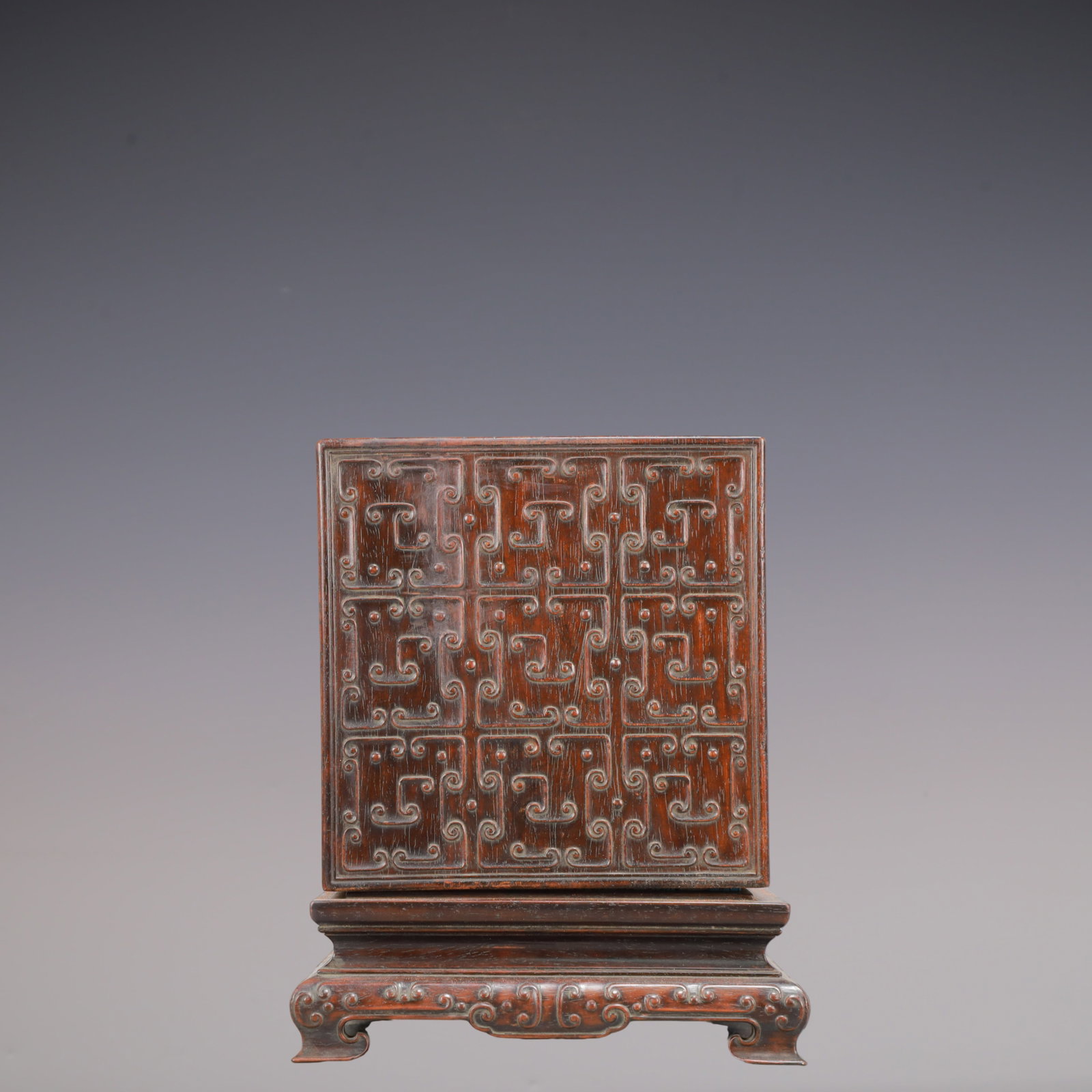 A Exquisite Zitanwood Box Shoushan Stone Auspicious Beast with poem Seal: A Exquisite Zitanwood Box Shoushan Stone Auspicious Beast with poem Seal Qing Dynasty, China Box Size:7.8inx3.9inx9.4in Seal Size:4.4inx4.4inx3.5in