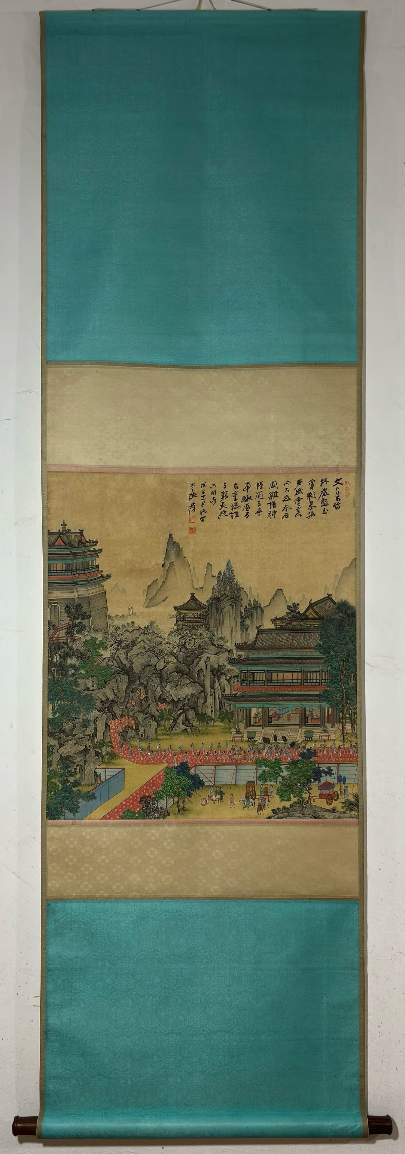A Chinese Vertical Scroll Ink Painting of Landscape and Figure on Silk,Zhang Daqian: A Chinese Vertical Scroll Ink Painting of Landscape and Figure on Silk,Zhang Daqian,Size:(Without frame)25.6inx22.8in一幅中国水墨绢本山水
