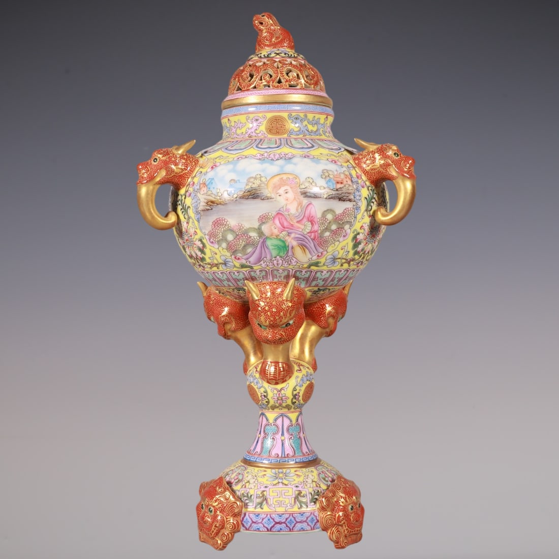 A Rare Enamel Yellow Ground Painted Gold Figure Pattern Beast-Ears and Beast-Legs Censer: A Rare Enamel Yellow Ground Painted Gold Figure Pattern Beast-Ears and Beast-Legs Censer,Qing Dynasty, China,Qianlong Four-character
